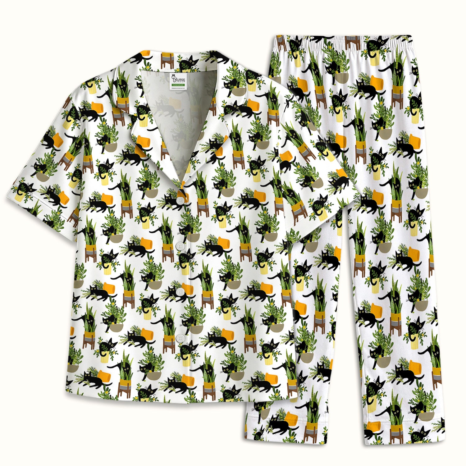 Black Cat Plant Pots Pattern Pajama Set, Soft Breathable Fabric Comfortable Sleepwear