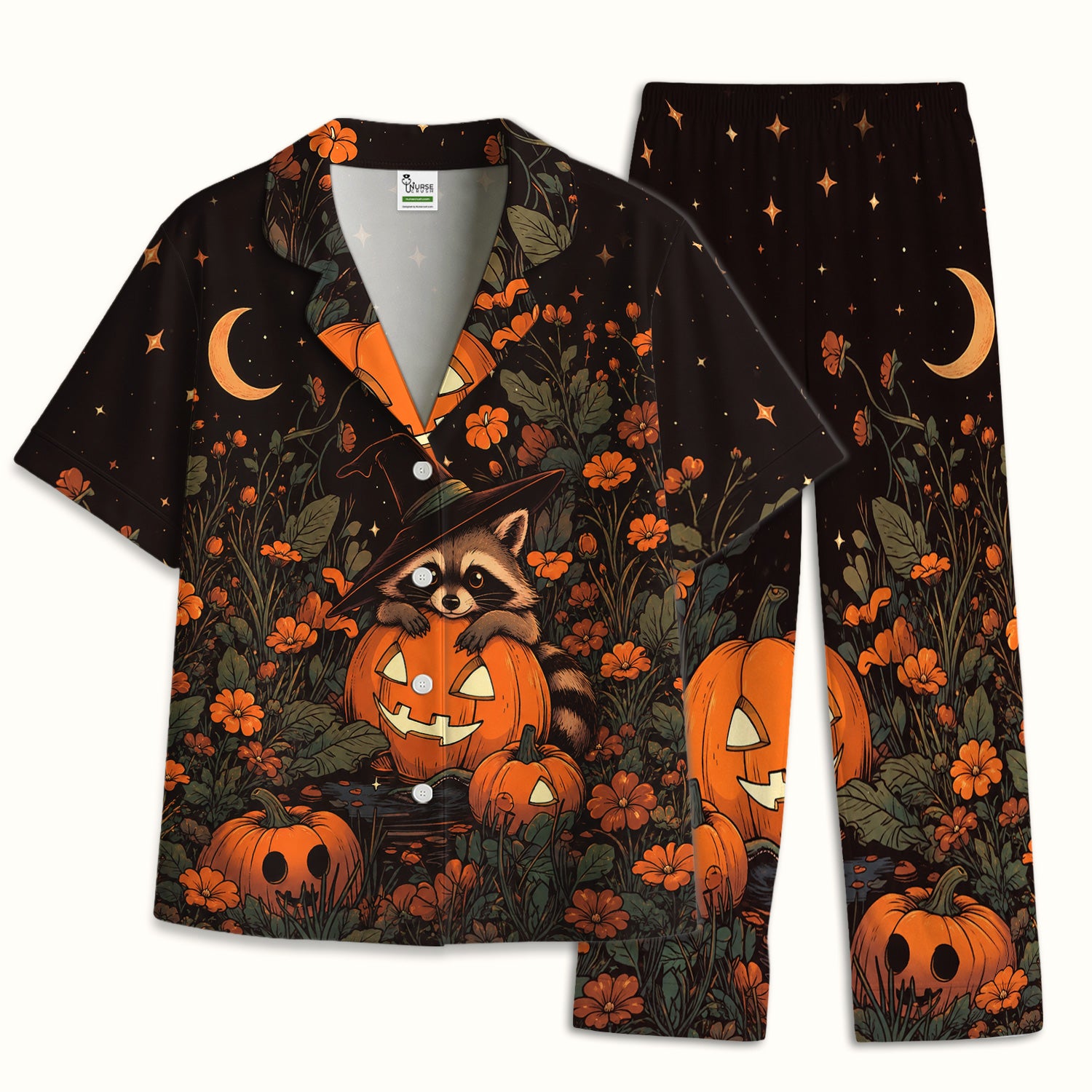 Spooky Halloween Raccoon Print Pajama Set, Soft Breathable Fabric Comfortable Sleepwear