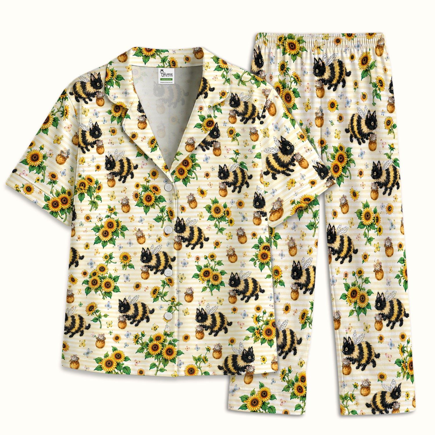 Cute Bumblebee Cat Sunflower Pattern Pajama Set, Soft Breathable Fabric Comfortable Sleepwear