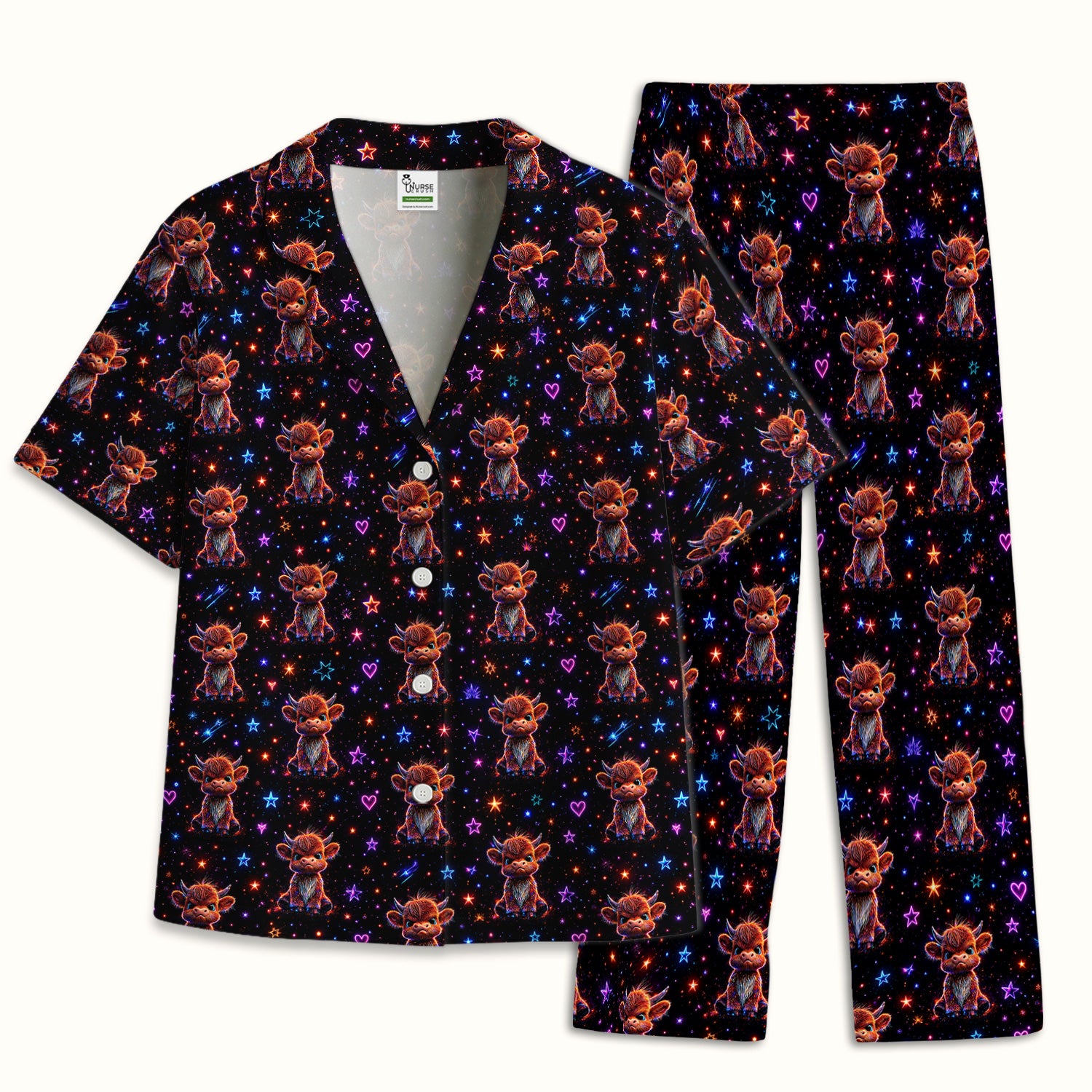 Neon Highland Cow Stars Pattern Pajama Set, Soft Breathable Fabric Comfortable Sleepwear