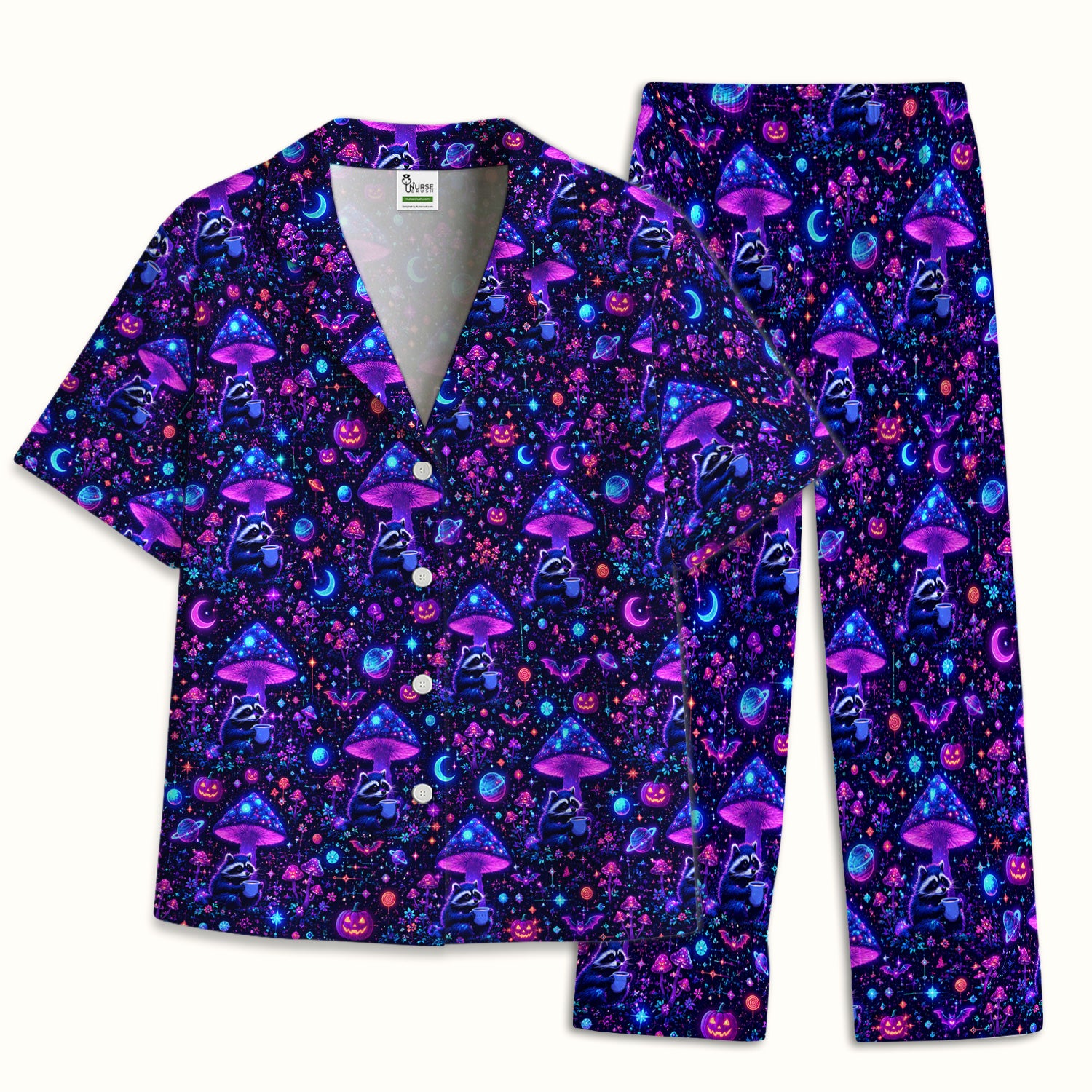 Halloween Raccoon And Mushrooms Pajama Set, Soft Breathable Fabric Comfortable Sleepwear