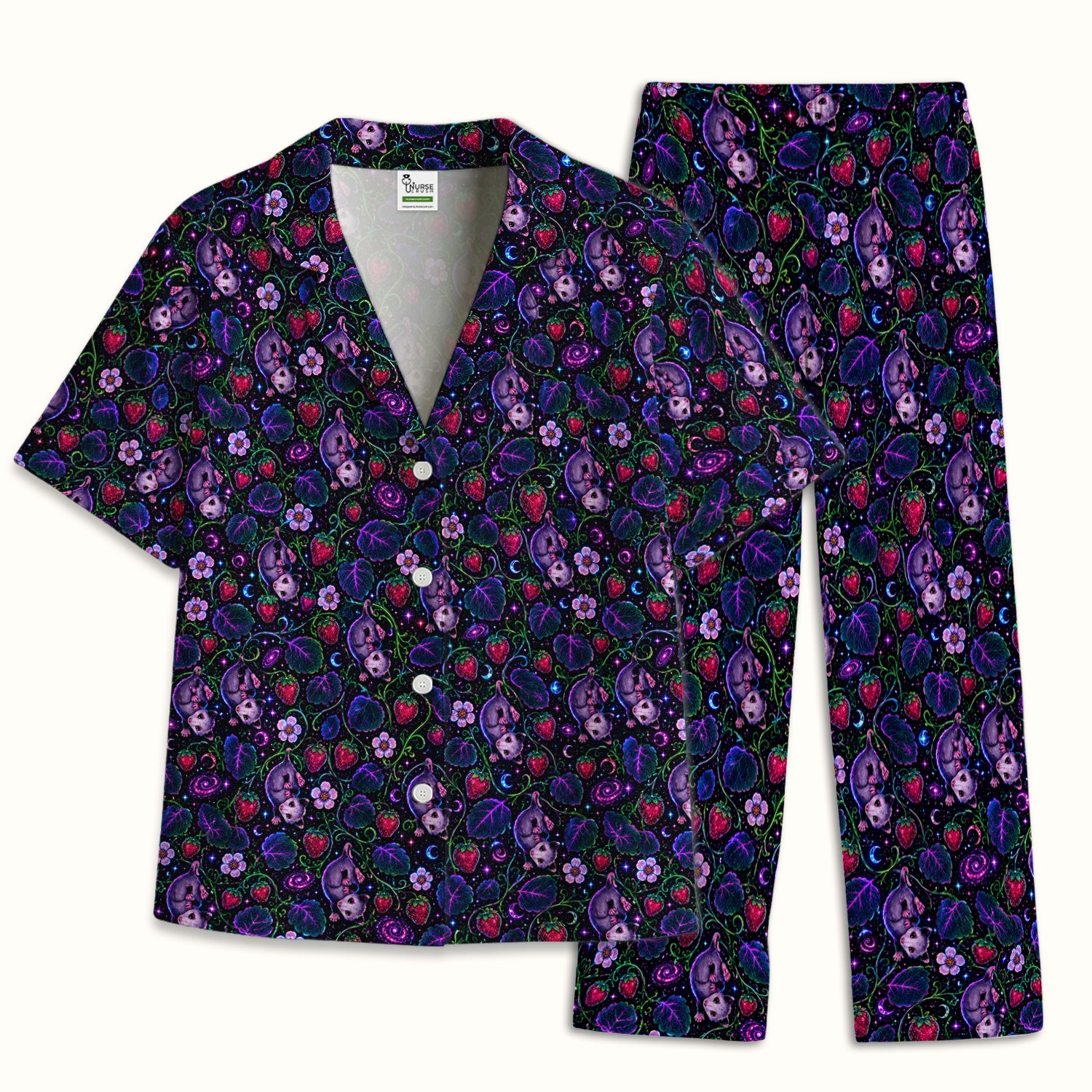 Galaxy Strawberry Opossum Pattern Pajama Set, Soft Breathable Fabric Comfortable Sleepwear