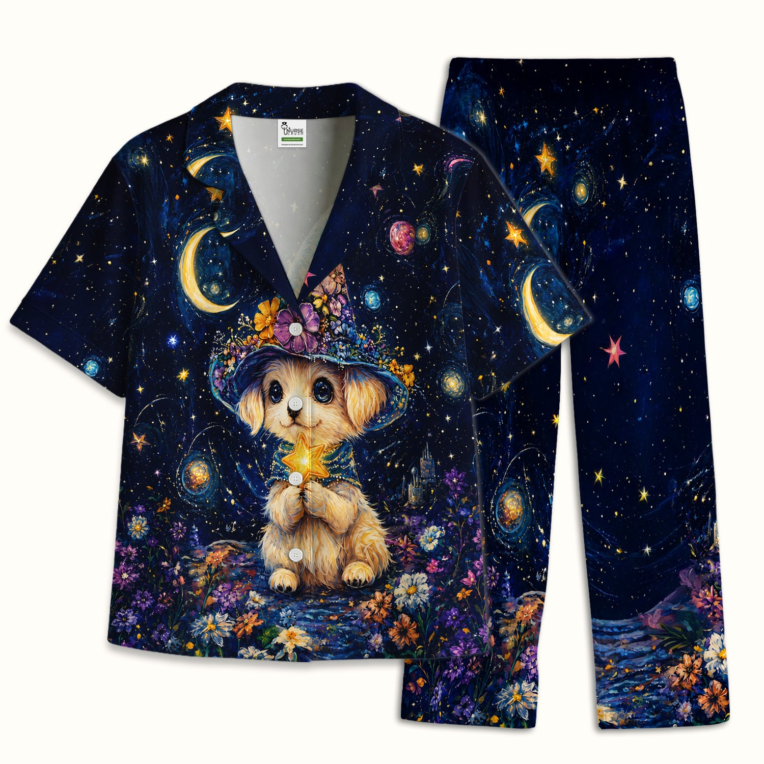 Cute Puppy Wizard Nurse Pattern Pajama Set, Soft Breathable Fabric Comfortable Sleepwear