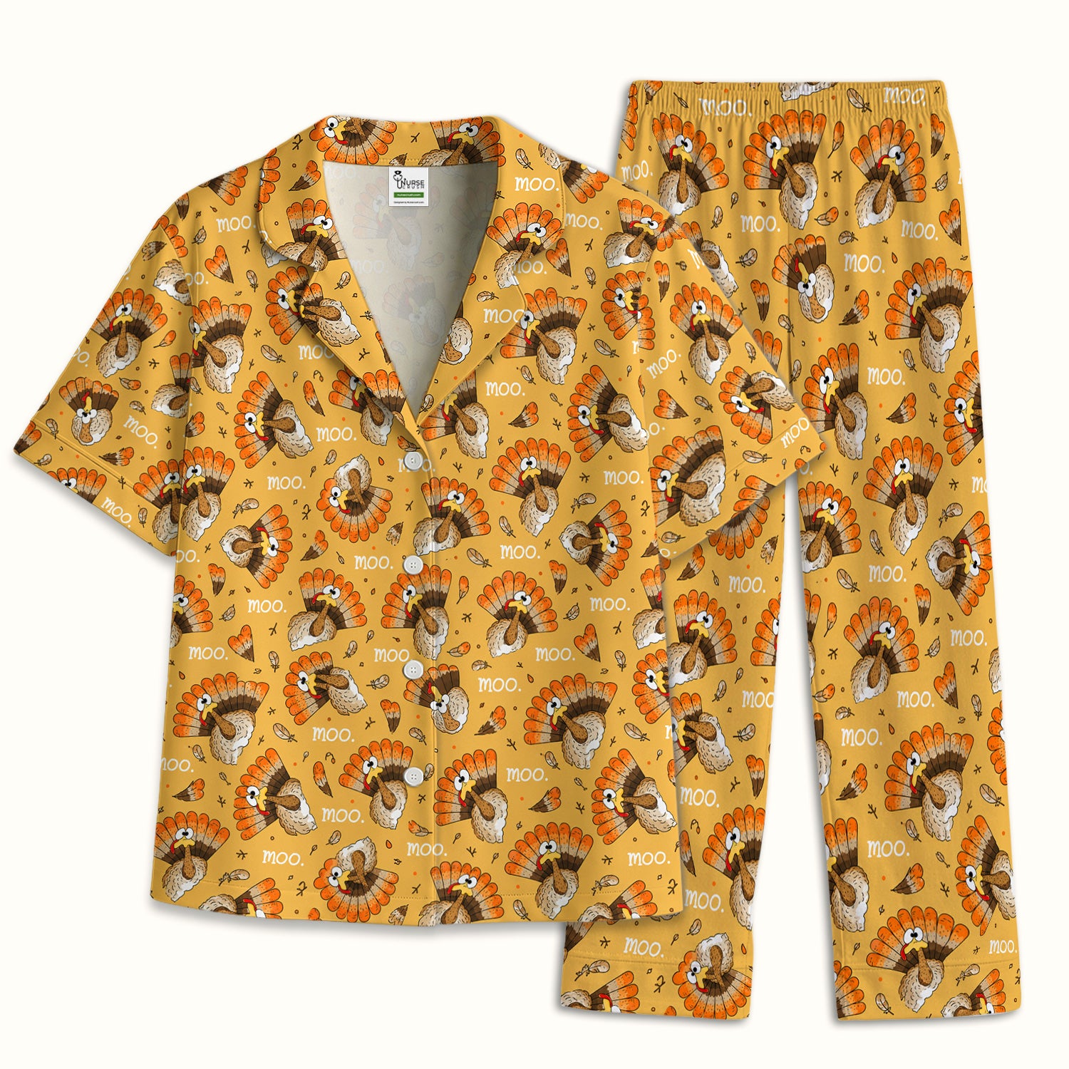 Funny Thanksgiving Moo Turkey Pajama Set, Soft Breathable Fabric Comfortable Sleepwear
