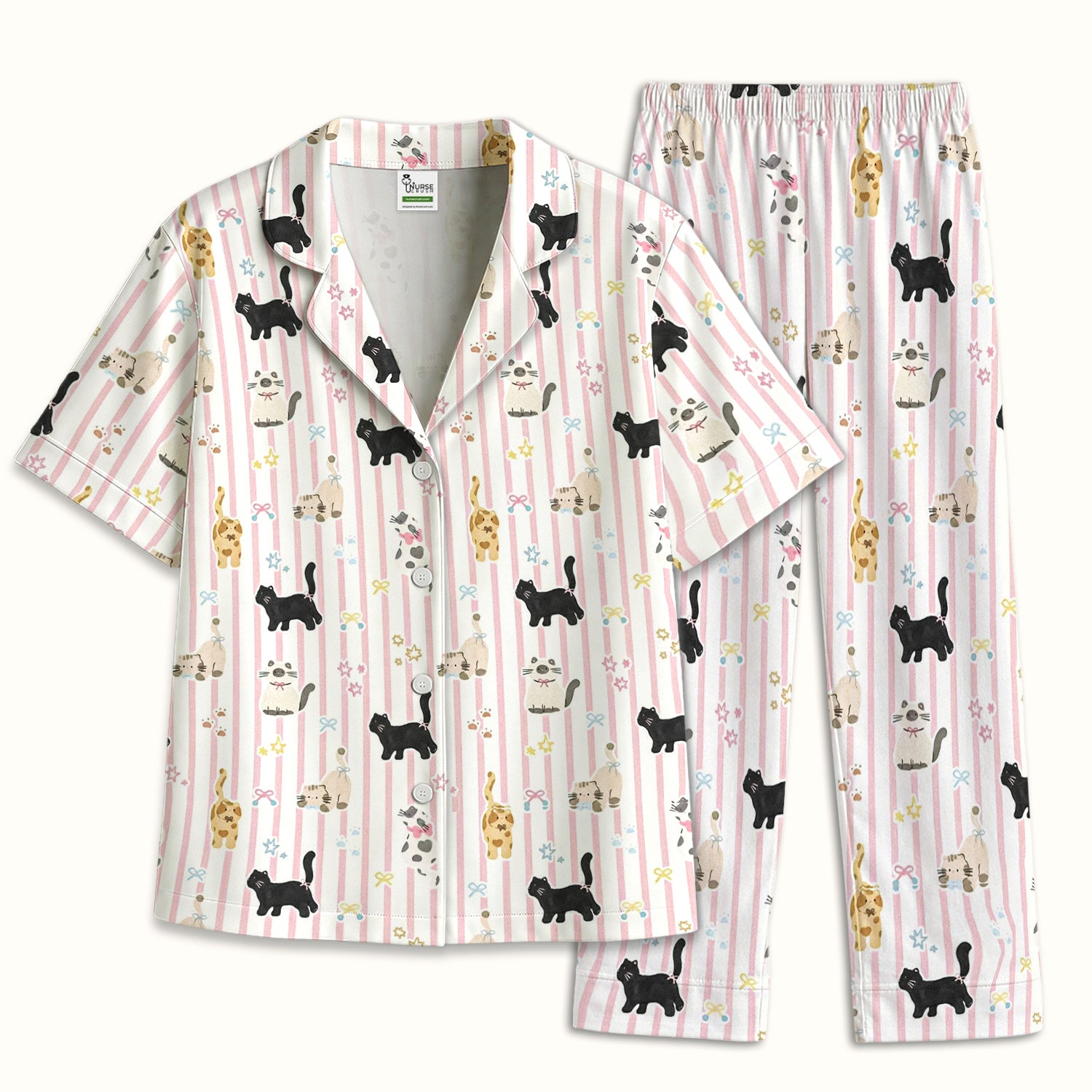 Cute Playful Cat Stripe Ribbon Pattern Pajama Set, Soft Breathable Fabric Comfortable Sleepwear