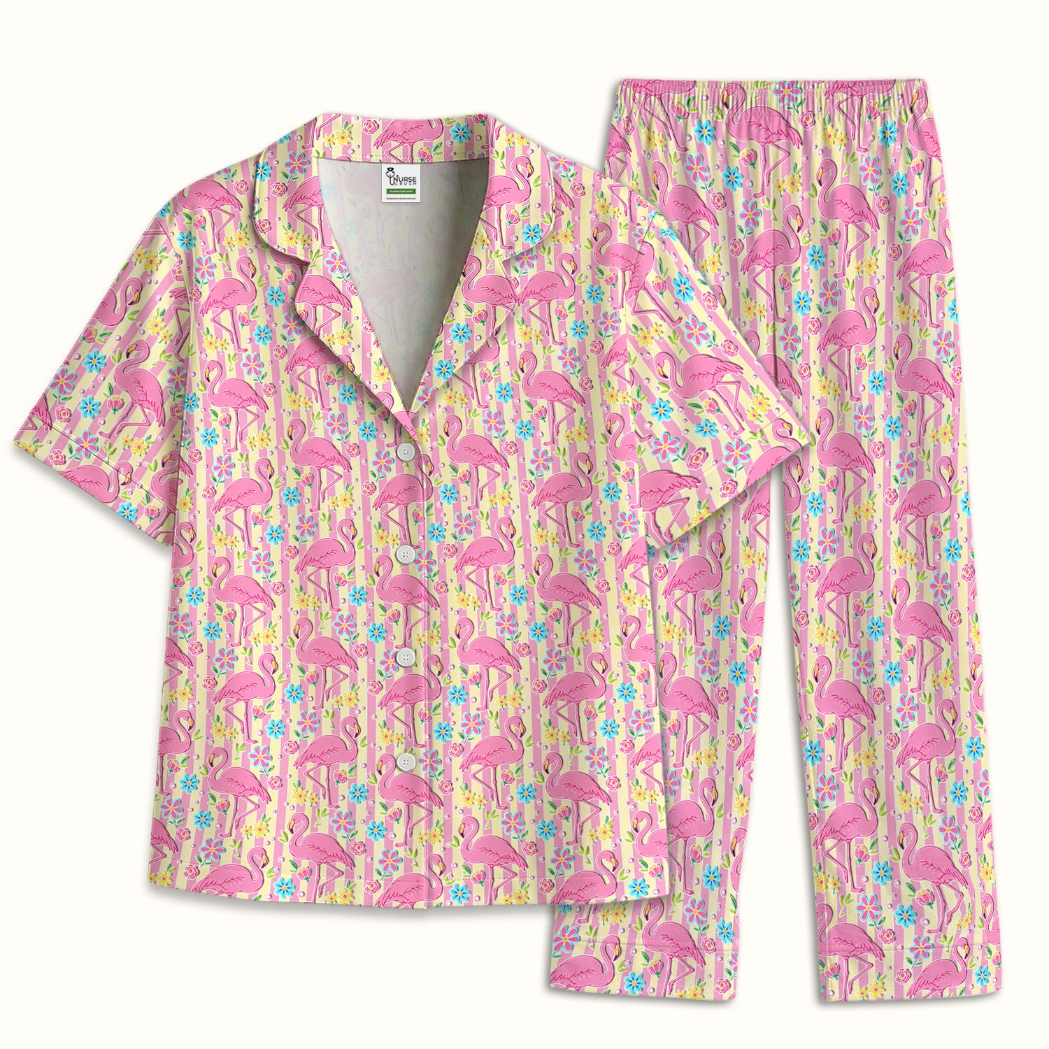 Pink Flamingo Flower Stripe Pattern Pajama Set, Soft Breathable Fabric Comfortable Sleepwear