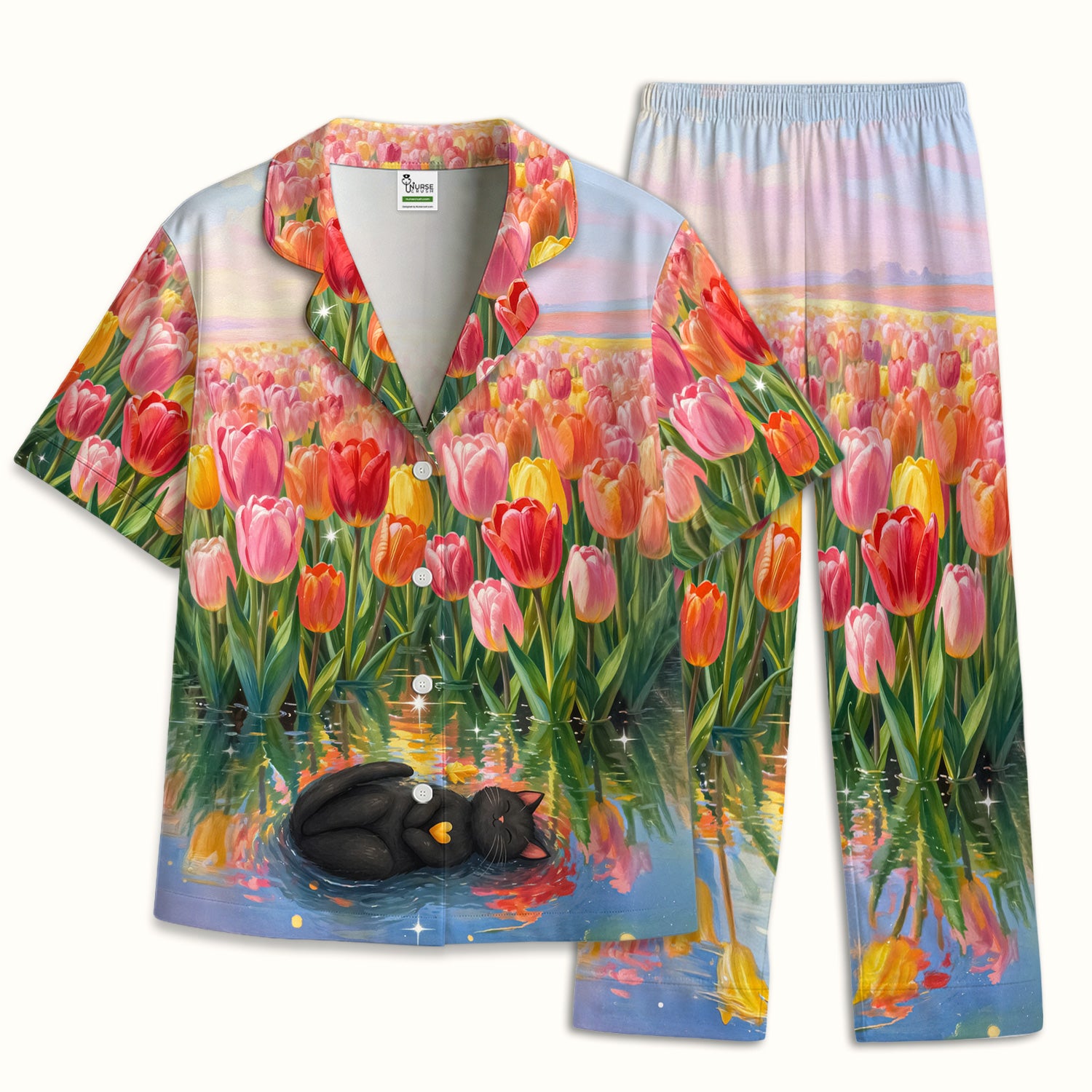Sleeping Black Cat In Tulip Flower Field Pajama Set, Soft Breathable Fabric Comfortable Sleepwear