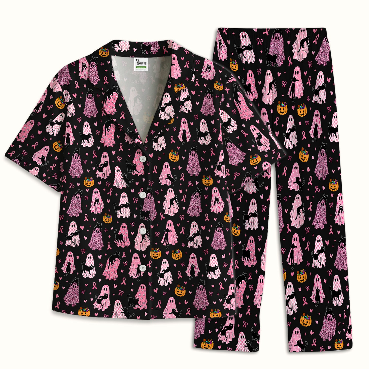 Breast Cancer Awareness Ghost Cat Pajama Set, Soft Breathable Fabric Comfortable Sleepwear
