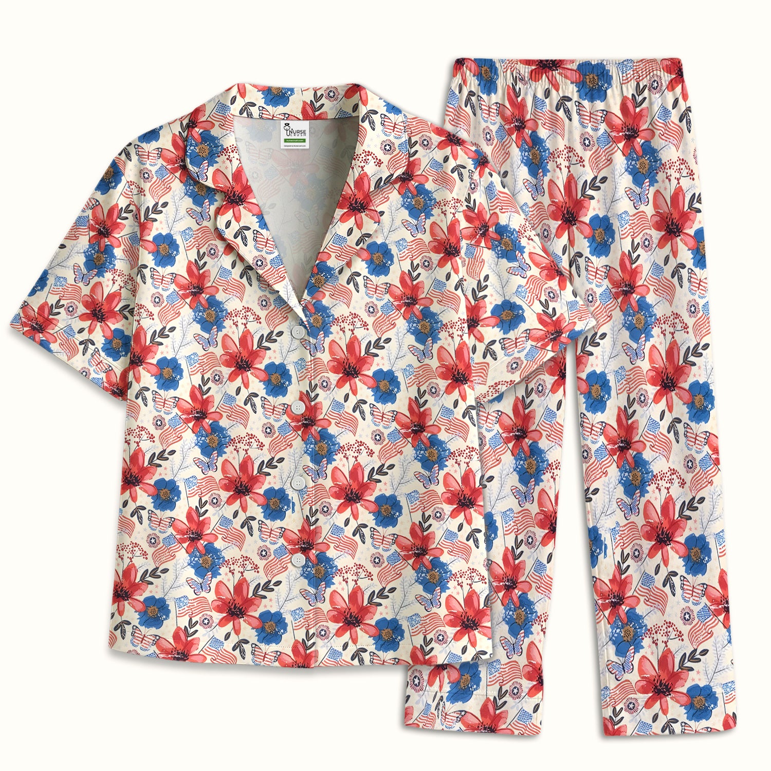 Patriotic Wildflower Flag Butterfly Pattern Pajama Set, Soft Breathable Fabric Comfortable Sleepwear