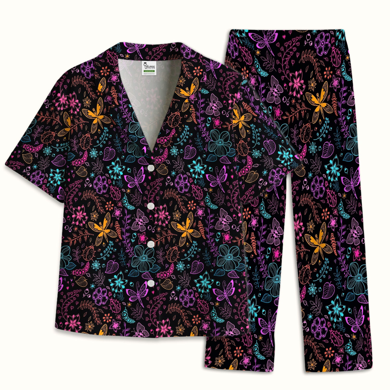 Neon Butterfly and Floral Garden Pattern Pajama Set, Breathable Fabrics Uniform