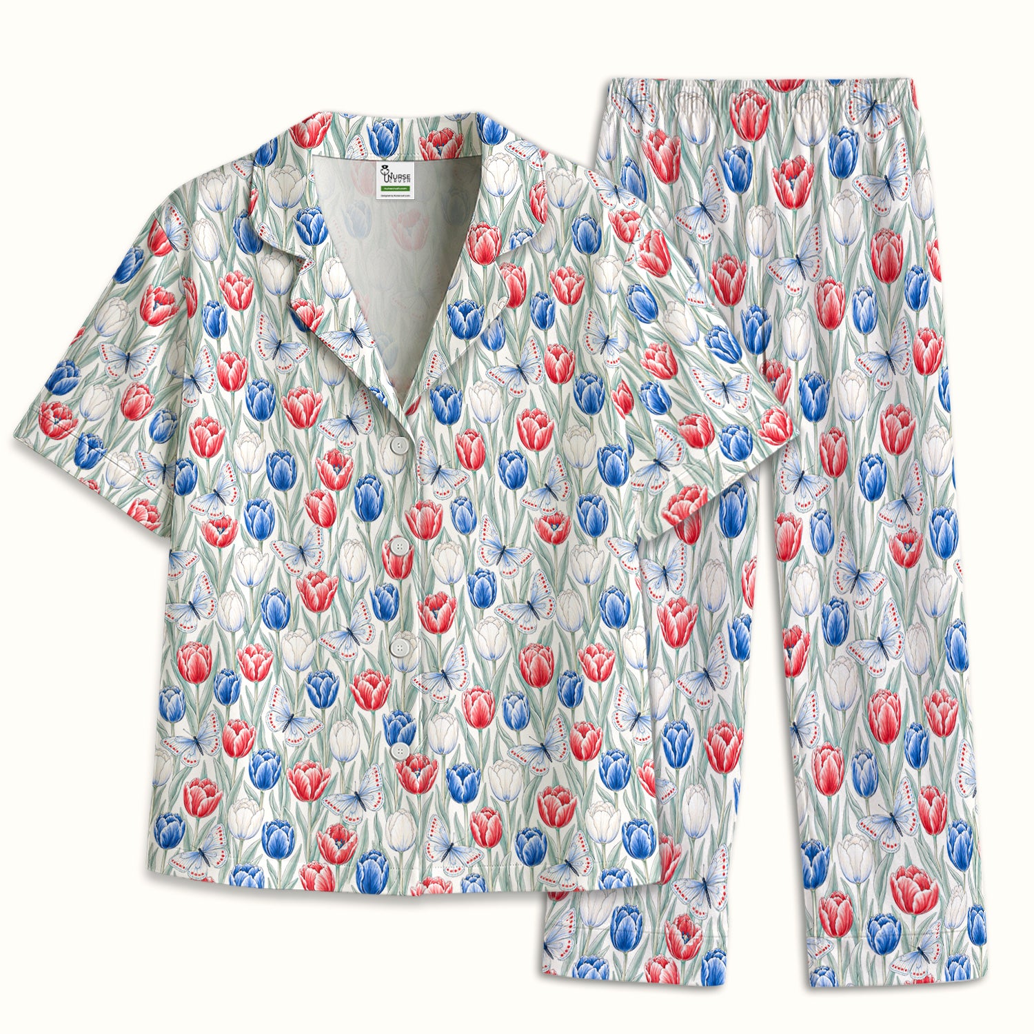 Patriotic Tulip Butterfly Nurse for RN, CNA, Healthcare Workers Pajama Set, Soft Breathable Fabric Comfortable Sleepwear