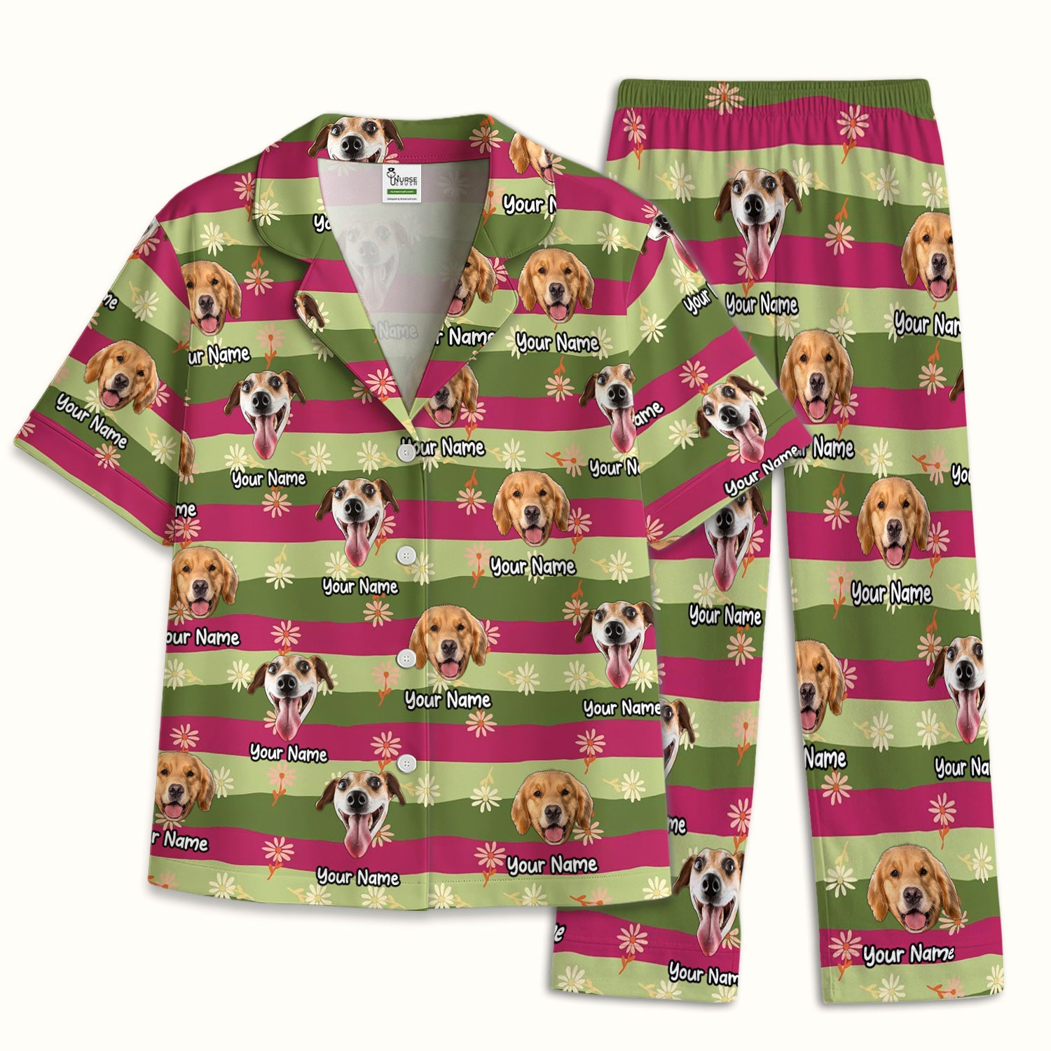 Personalized Floral Dog Portrait With Spring Stripes Pattern Pajama Set, Soft Breathable Fabric Comfortable Sleepwear