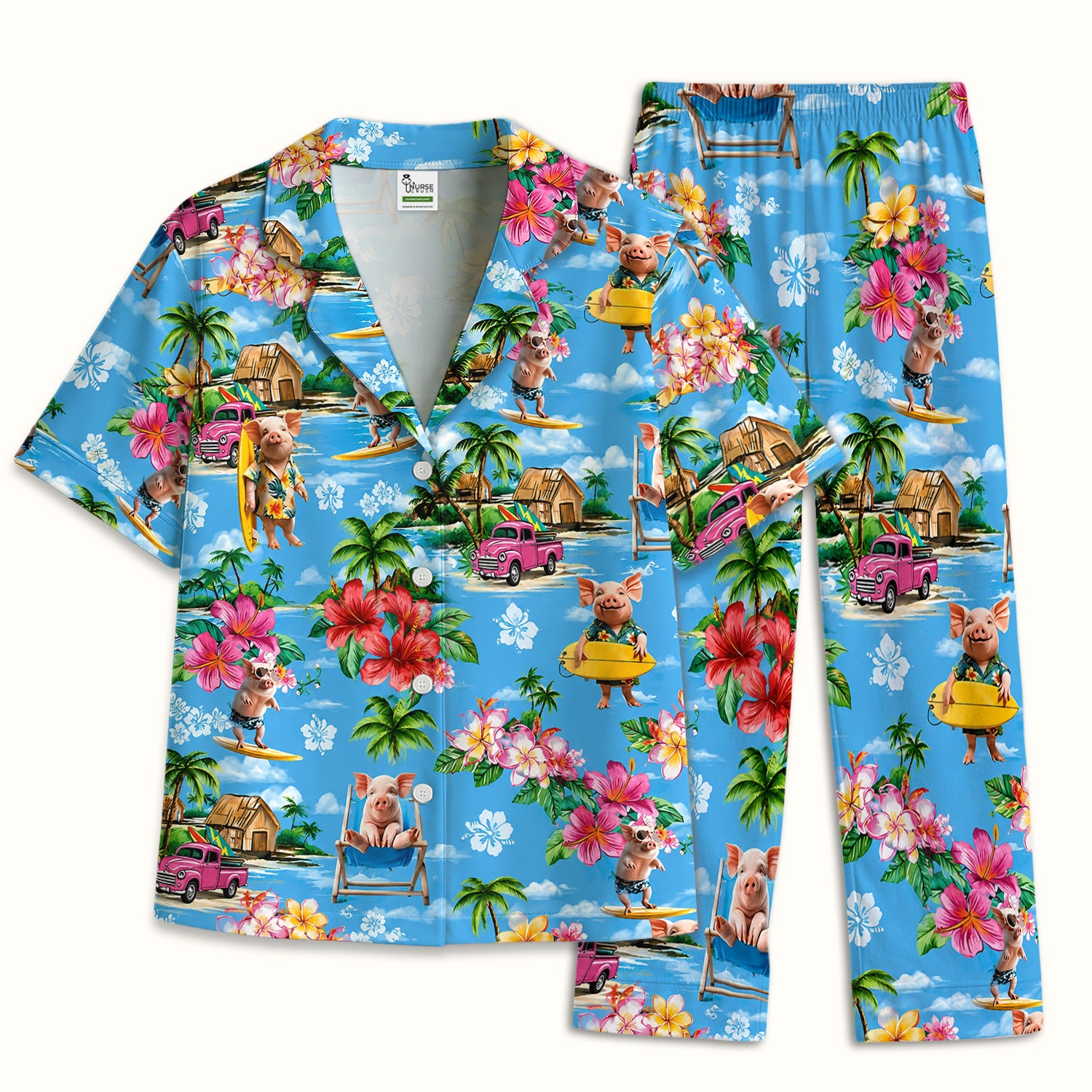 Tropical Surfing Pig Beach Pattern Pajama Set, Soft Breathable Fabric Comfortable Sleepwear