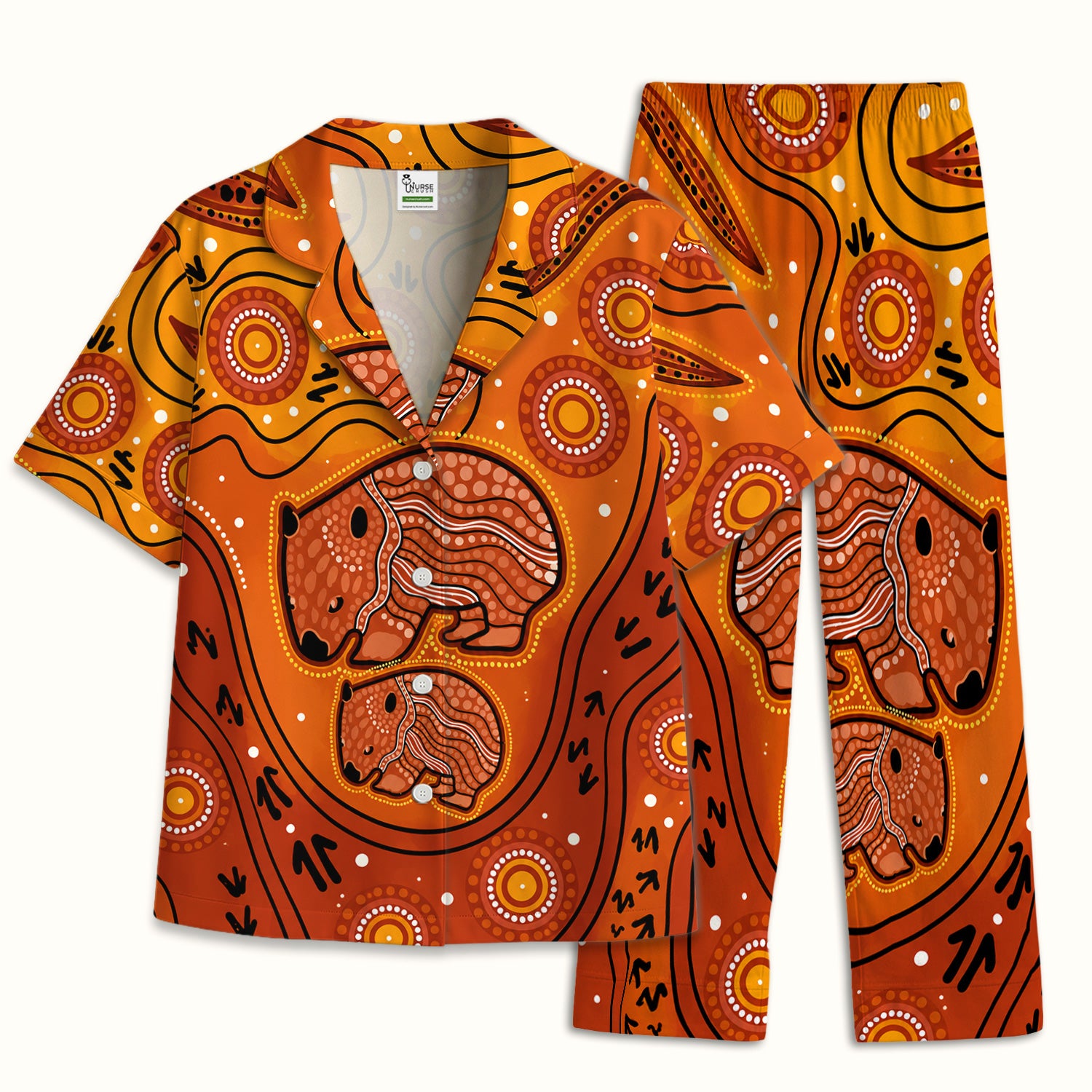 Australian Aboriginal Wombat Family Art Pattern Pajama Set, Soft Breathable Fabric Comfortable Sleepwear