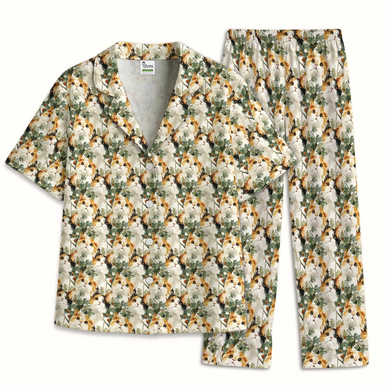 Fluffy Calico Cat Oak Leaves Pattern Pajama Set, Soft Breathable Fabric Comfortable Sleepwear