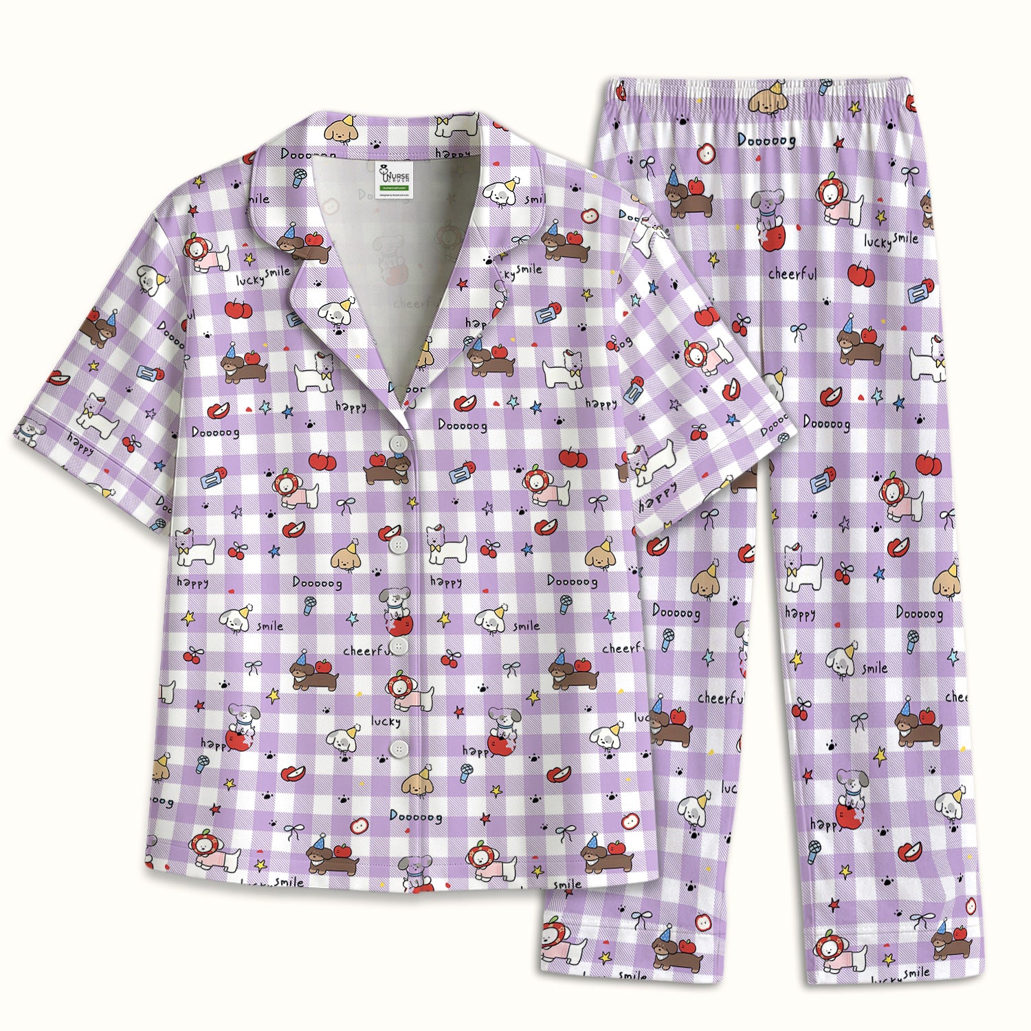 Cute Nurse Cartoon Puppy Apple Gingham Pajama Set, Breathable Fabrics Uniform
