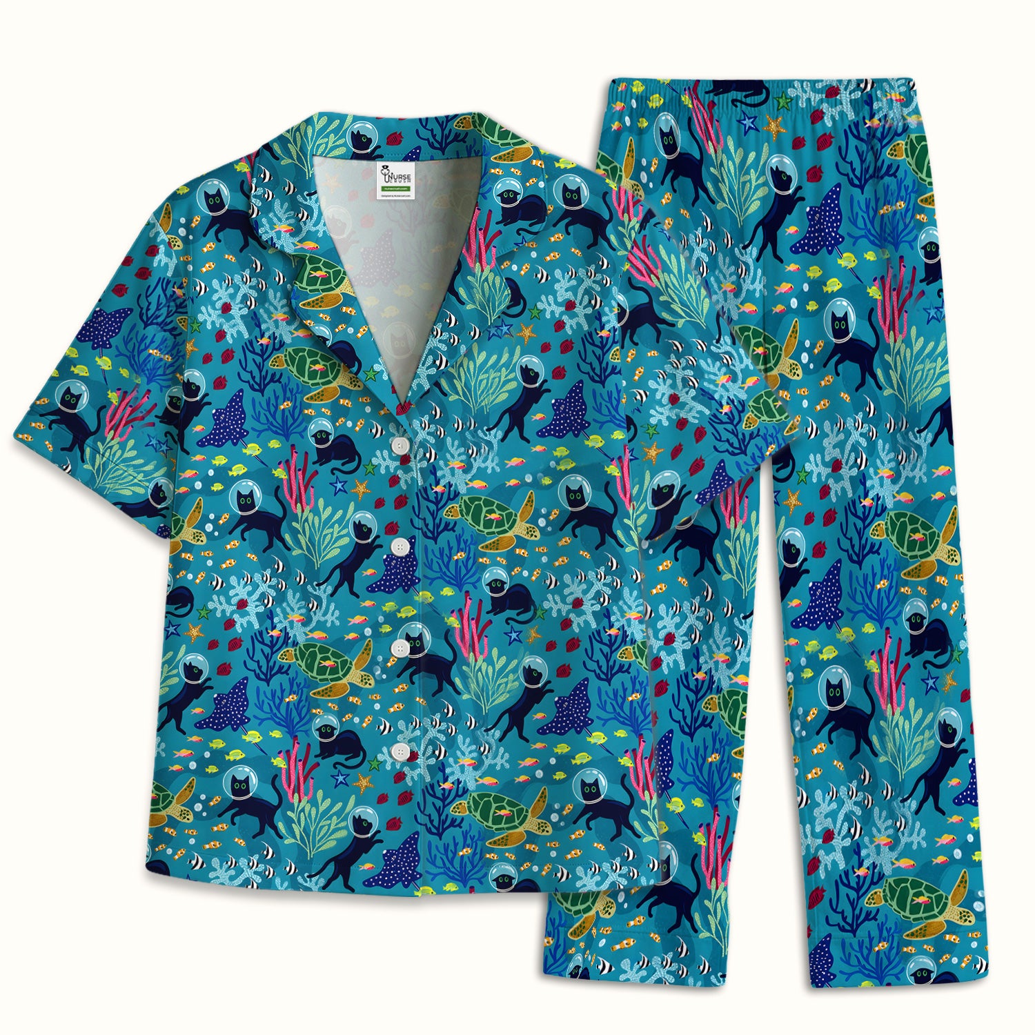 Underwater Cat Turtle Veterinary Pattern Pajama Set, Soft Breathable Fabric Comfortable Sleepwear