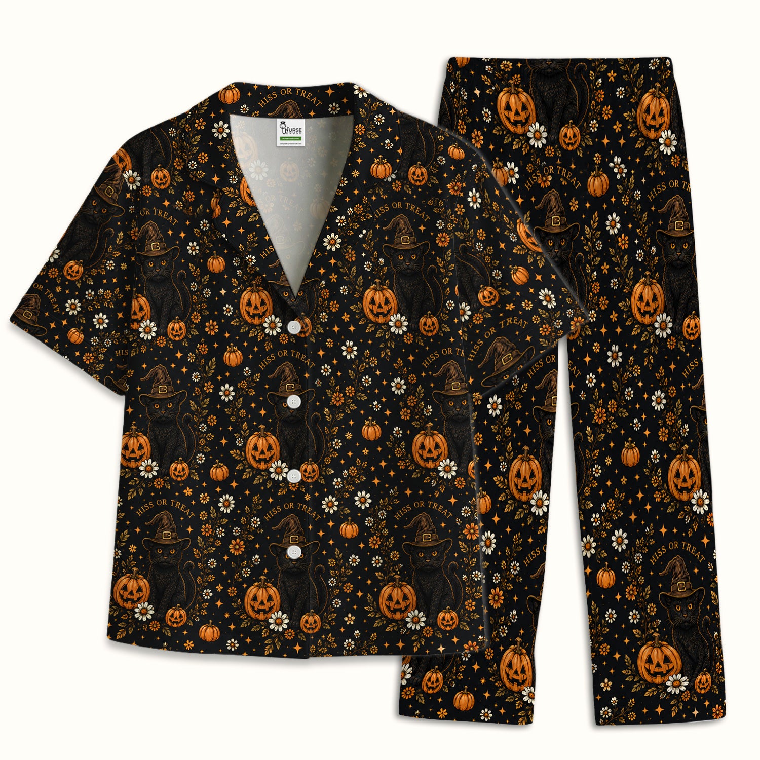 Halloween Black Cat Pumpkin Floral Pajama Set, Soft Breathable Fabric Comfortable Sleepwear
