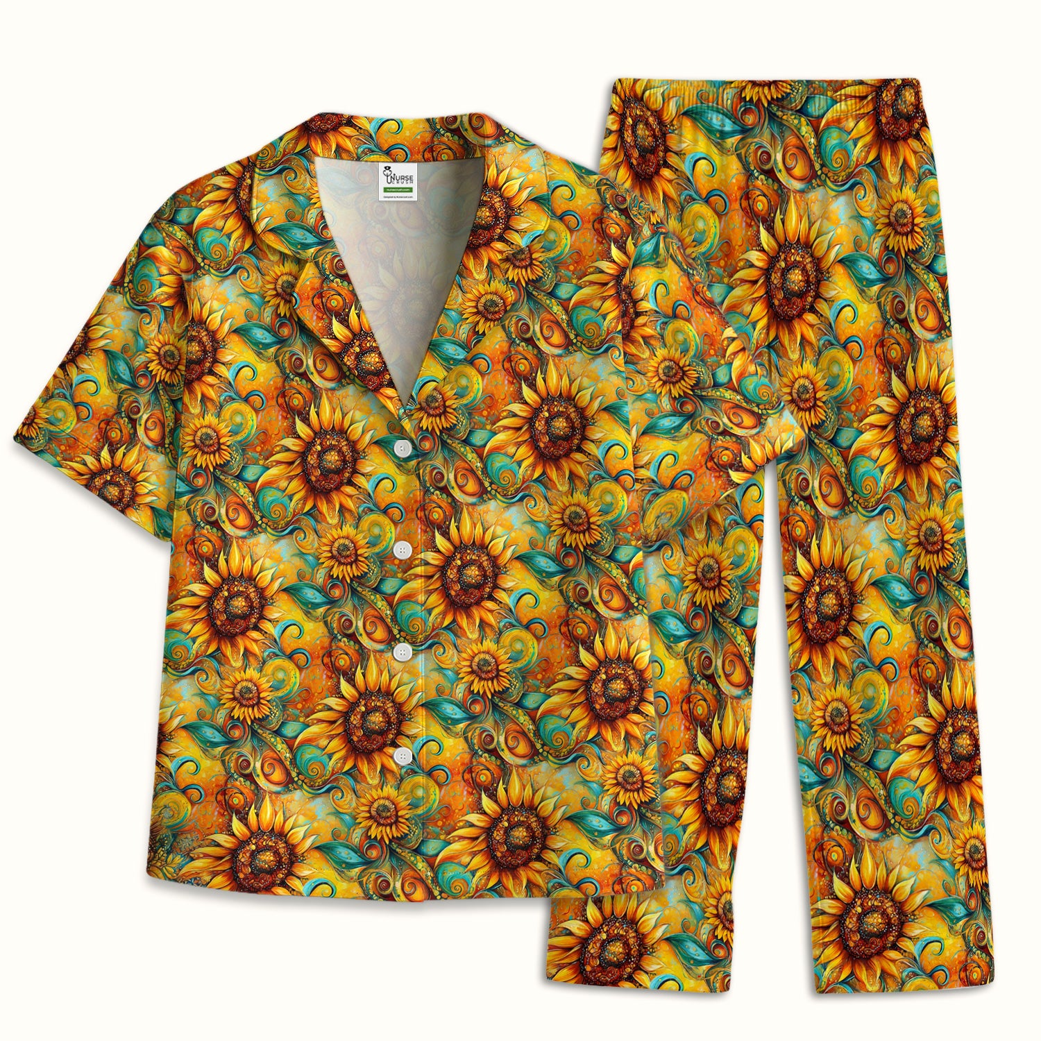 Sunflower Swirl Floral Pattern Pajama Set, Breathable Fabrics Uniform