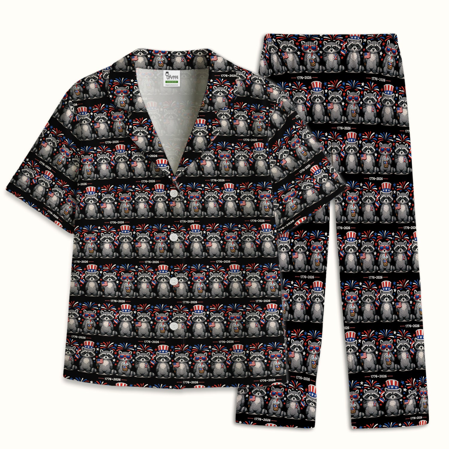 Patriotic Raccoon Fireworks Stripe Pattern Pajama Set, Soft Breathable Fabric Comfortable Sleepwear