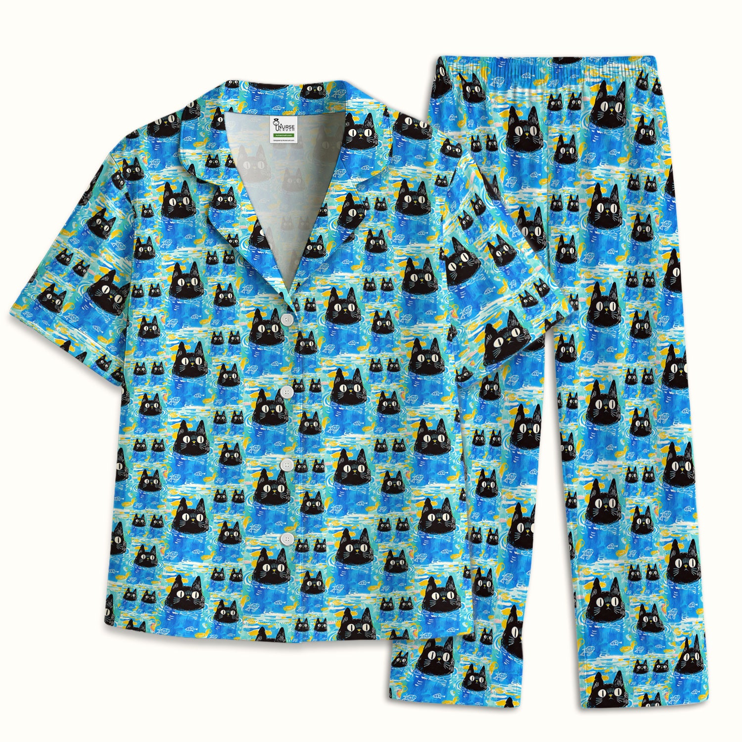 Black Cat Swimming In Blue Water Pattern Pajama Set, Soft Breathable Fabric Comfortable Sleepwear