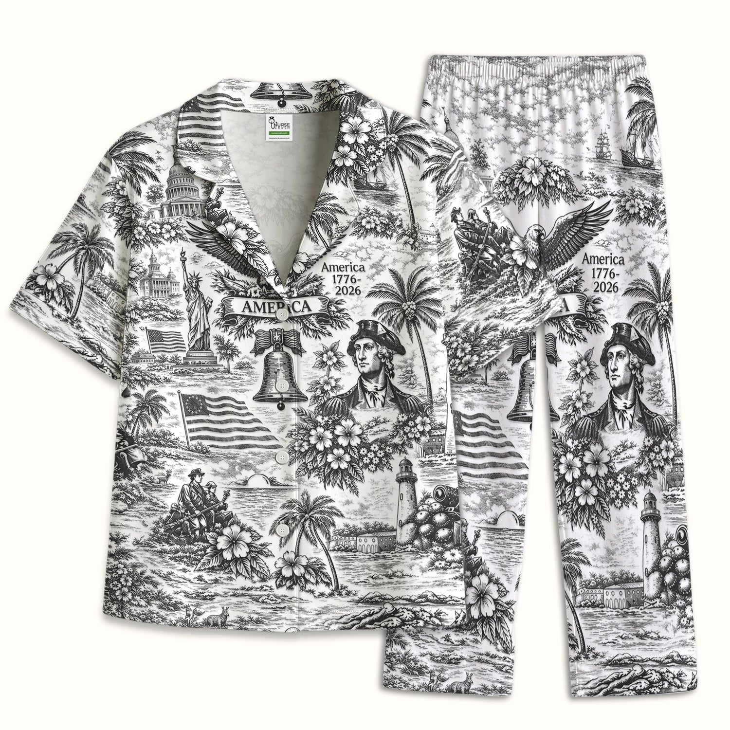 Patriotic America Heritage Toile Pattern Pajama Set, Breathable Fabrics Uniform
