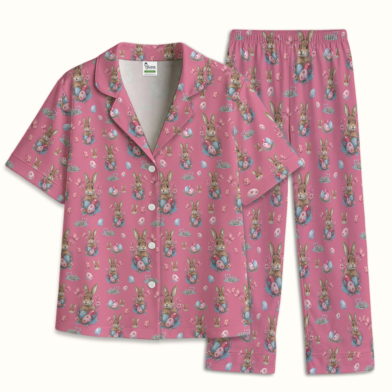 Pastel Easter Bunny Nest Pattern Pajama Set, Breathable Fabrics Uniform
