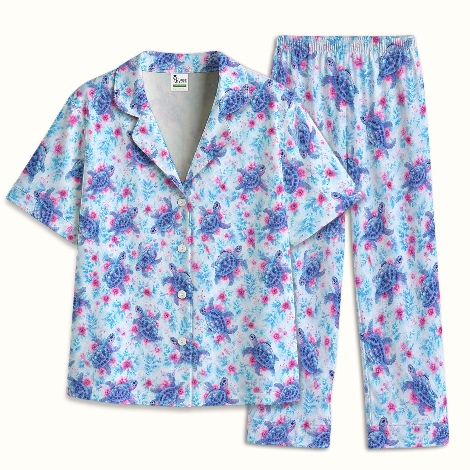 Cute Sea Turtle Floral Print Pajama Set, Soft Breathable Fabric Comfortable Sleepwear