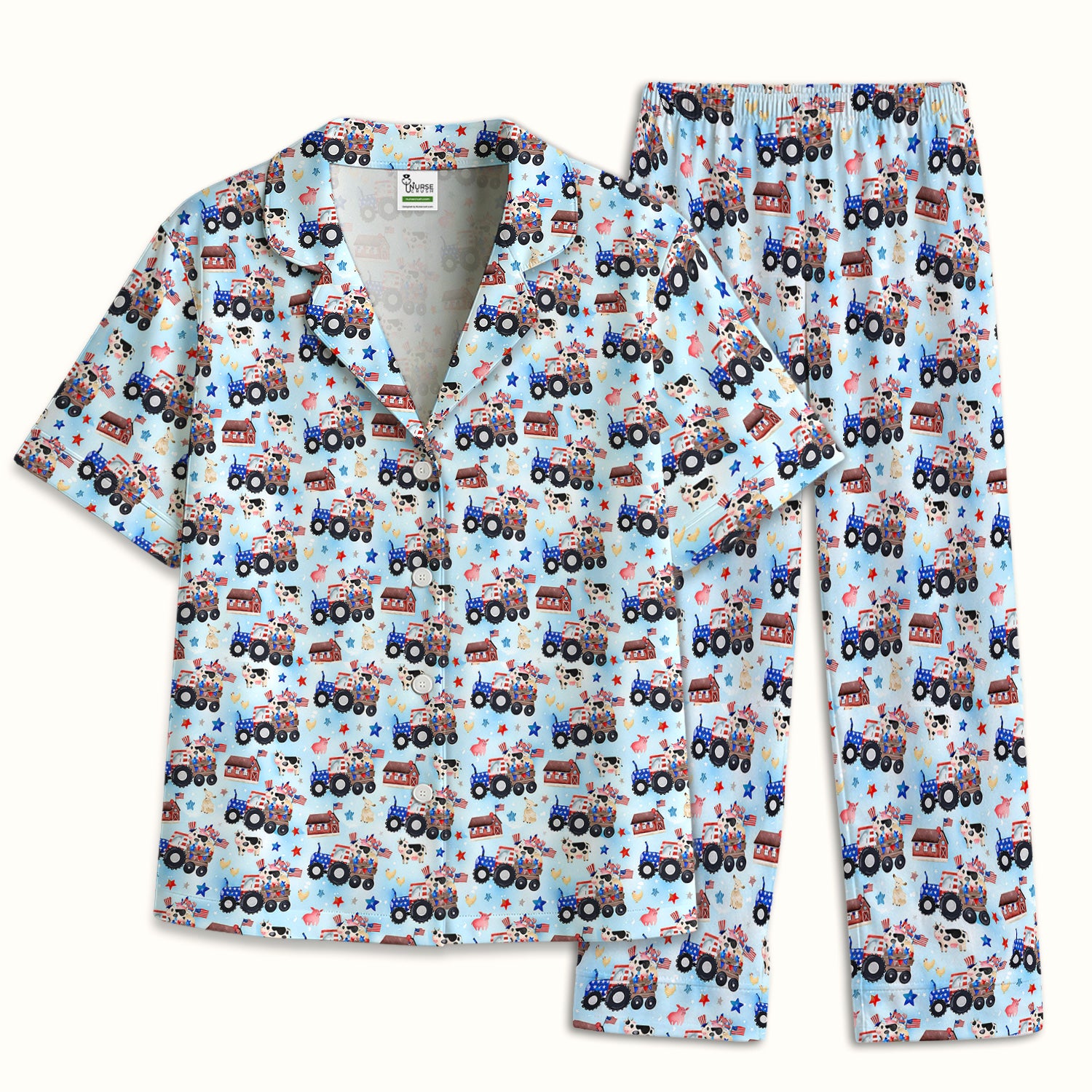 Patriotic Cow Tractor Farm Stars Pattern Pajama Set, Soft Breathable Fabric Comfortable Sleepwear