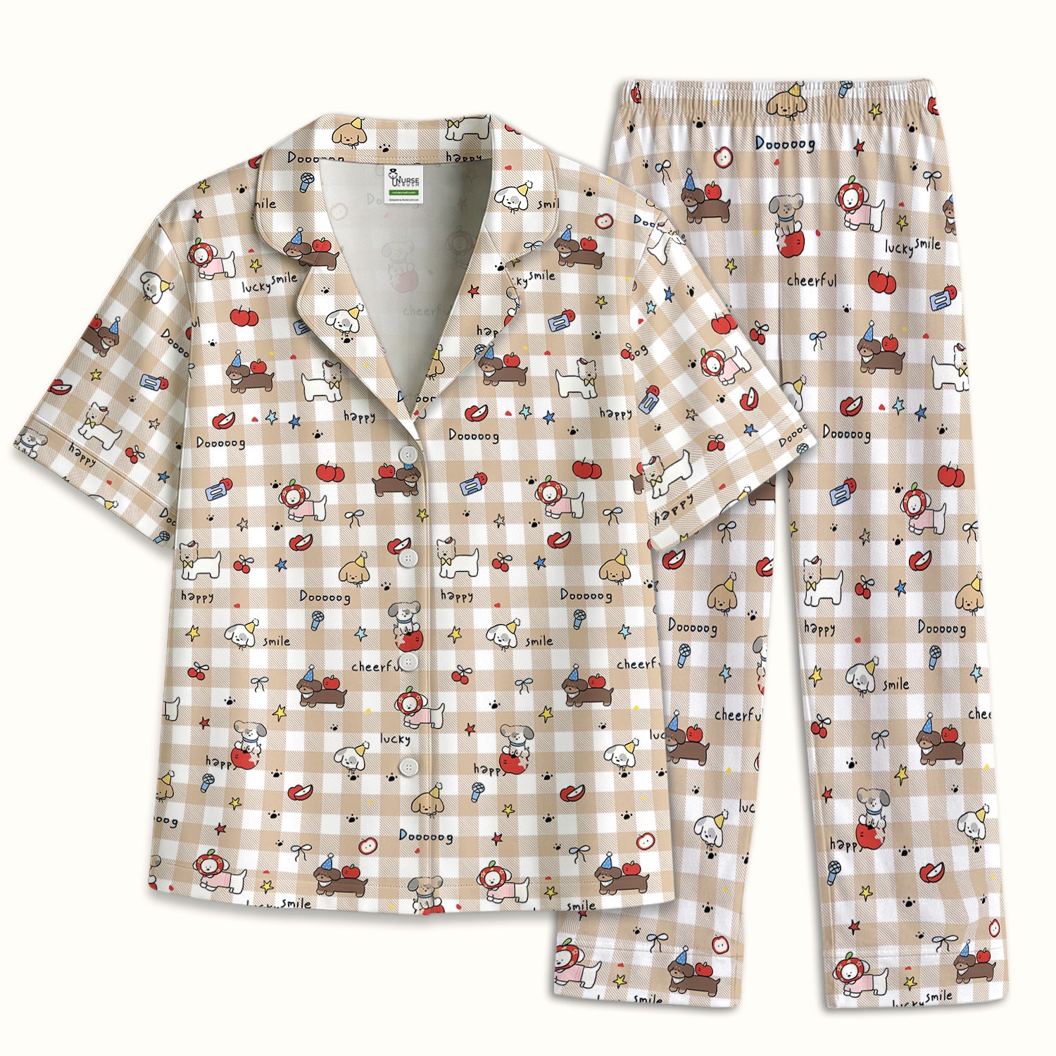 Cute Nurse Cartoon Puppy Apple Gingham Pajama Set, Breathable Fabrics Uniform