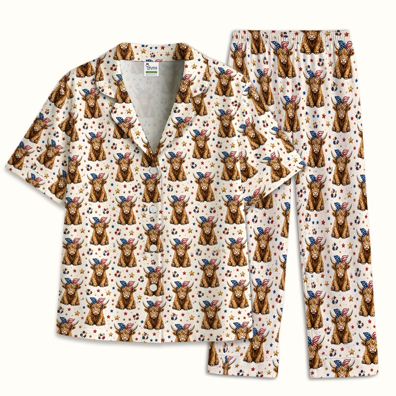 Patriotic Highland Cow Nurse for RN & CNA, Americana Farm Animal Healthcare Workers Medical Uniform Pajama Set, Soft Breathable Fabric Comfortable Sleepwear