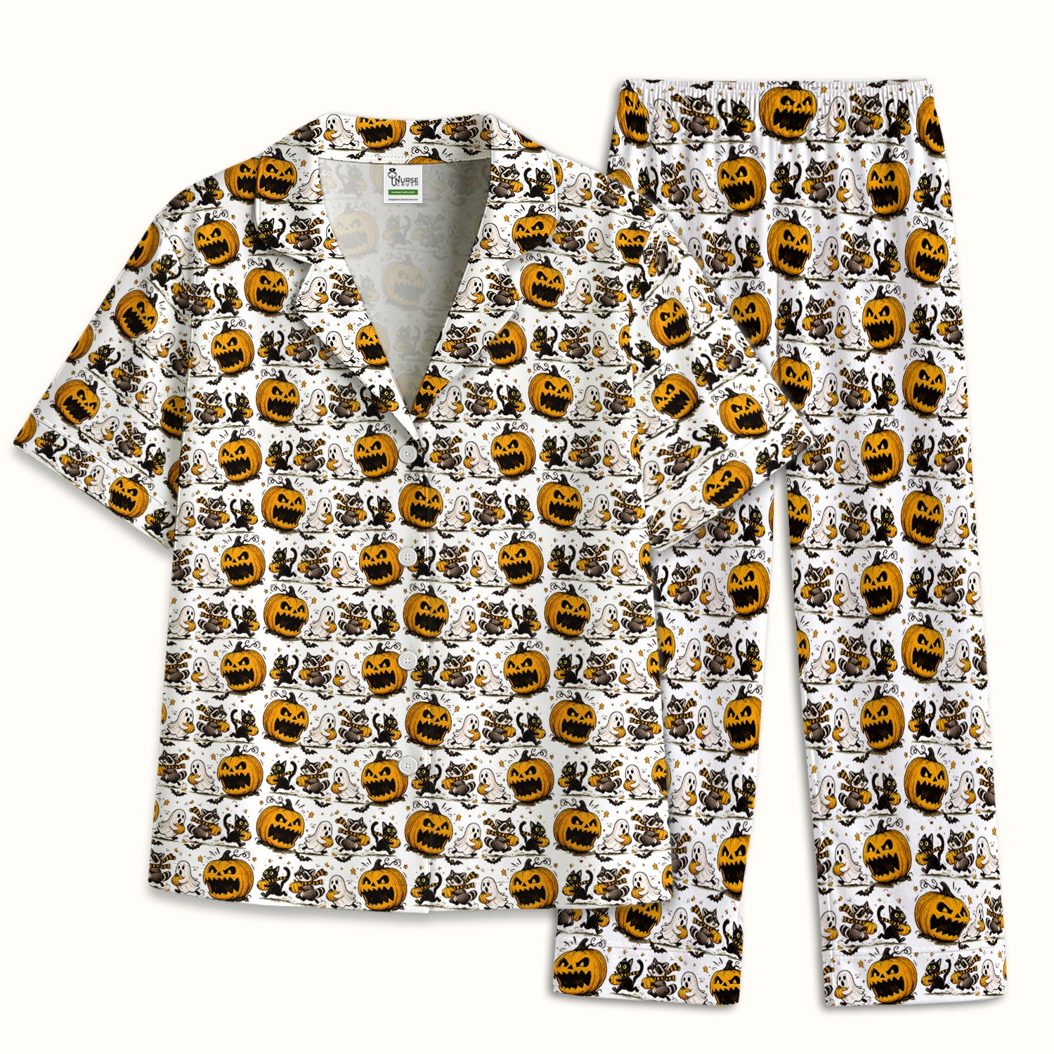 Spooky Halloween Woodland Critters Pattern Pajama Set, Soft Breathable Fabric Comfortable Sleepwear