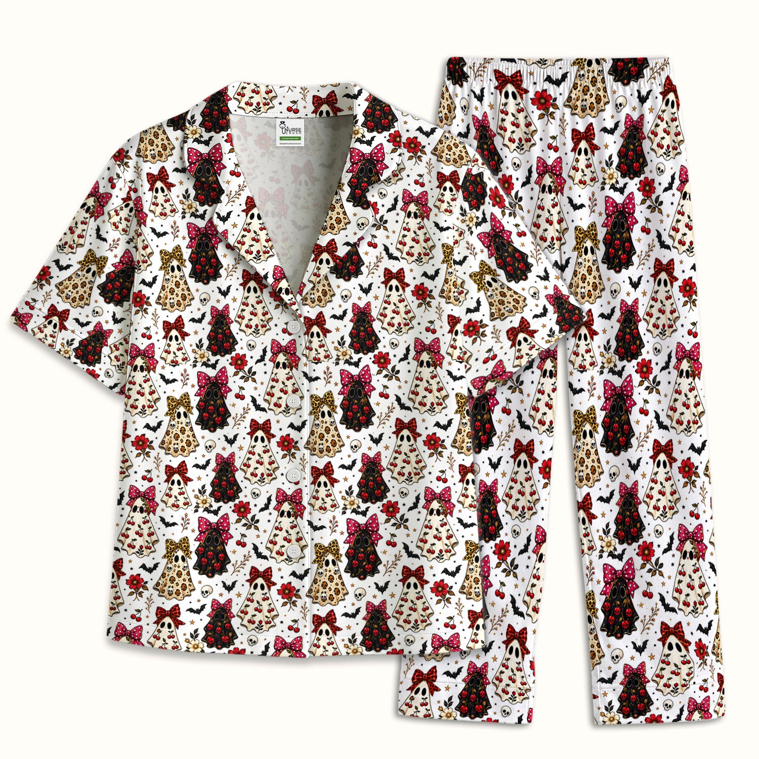 Spooky Halloween Ghost Pattern Pajama Set, Soft Breathable Fabric Comfortable Sleepwear