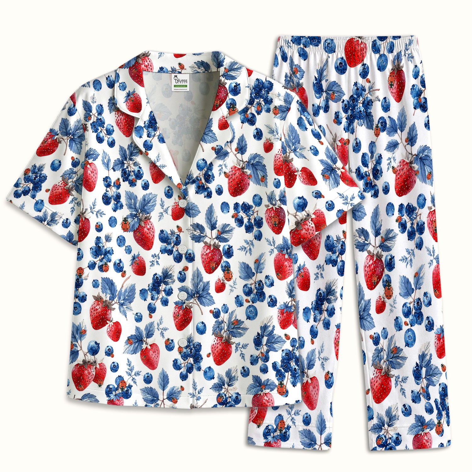 Cute Strawberry Blueberry Ladybug Pattern Pajama Set, Soft Breathable Fabric Comfortable Sleepwear