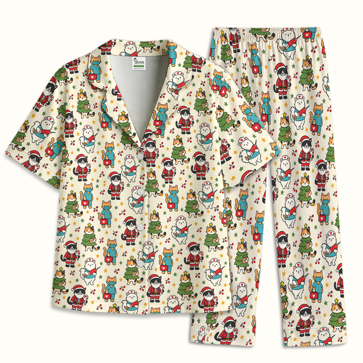 Christmas Cats In Nurse And Santa Outfits Pajama Set, Soft Breathable Fabric Comfortable Sleepwear