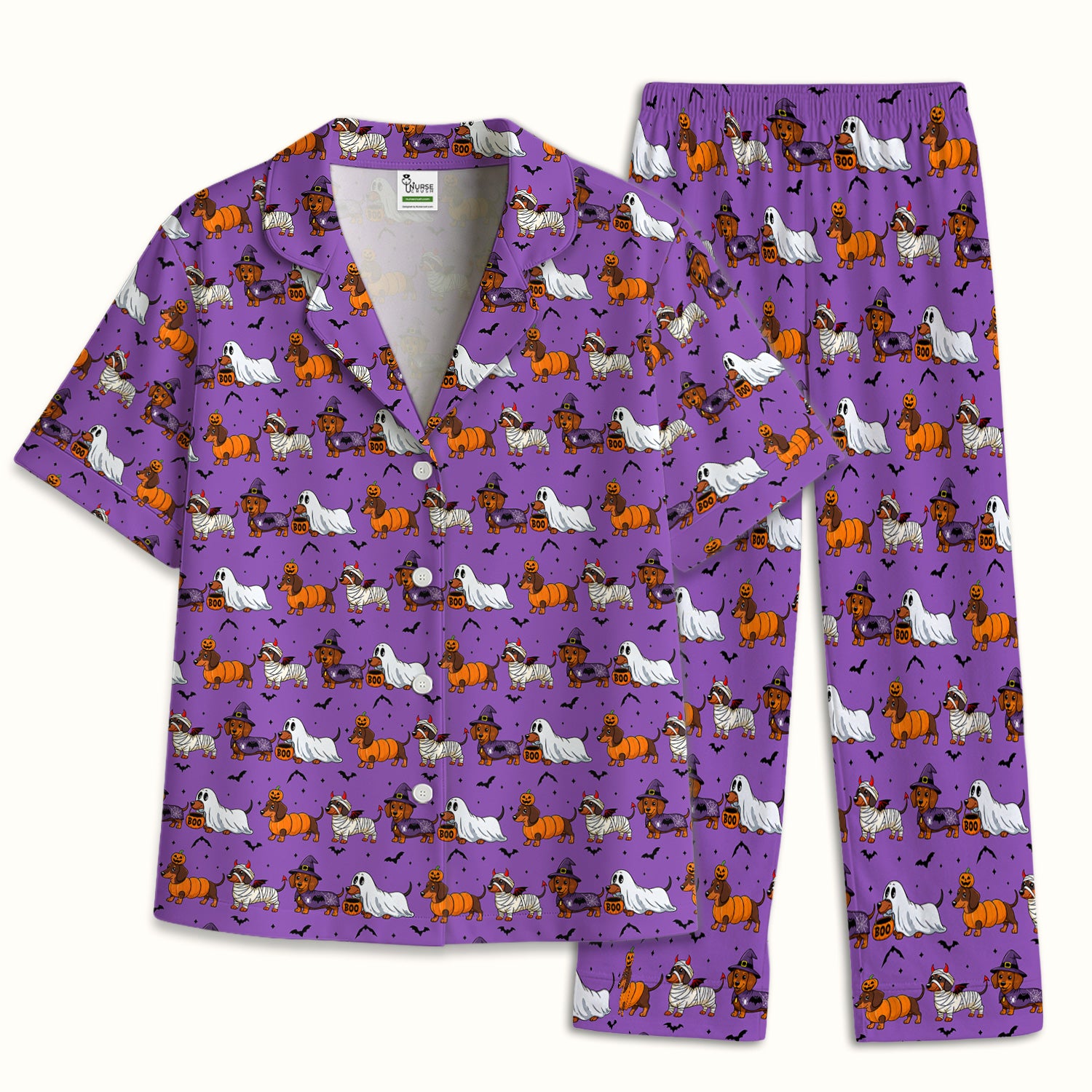 Halloween Dachshund with Bat Pattern Pajama Set, Soft Breathable Fabric Comfortable Sleepwear