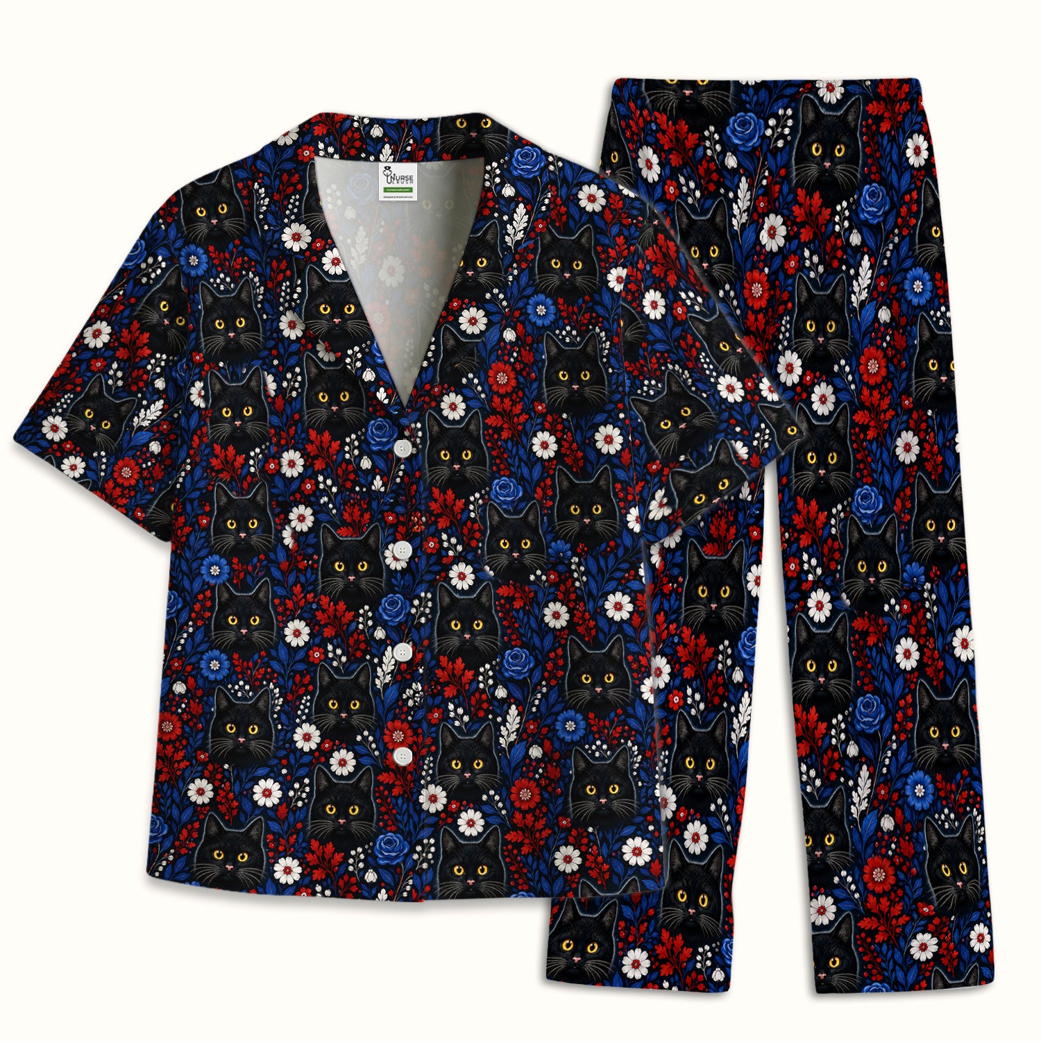 Black Cat Floral Nurse Pattern Pajama Set, Soft Breathable Fabric Comfortable Sleepwear
