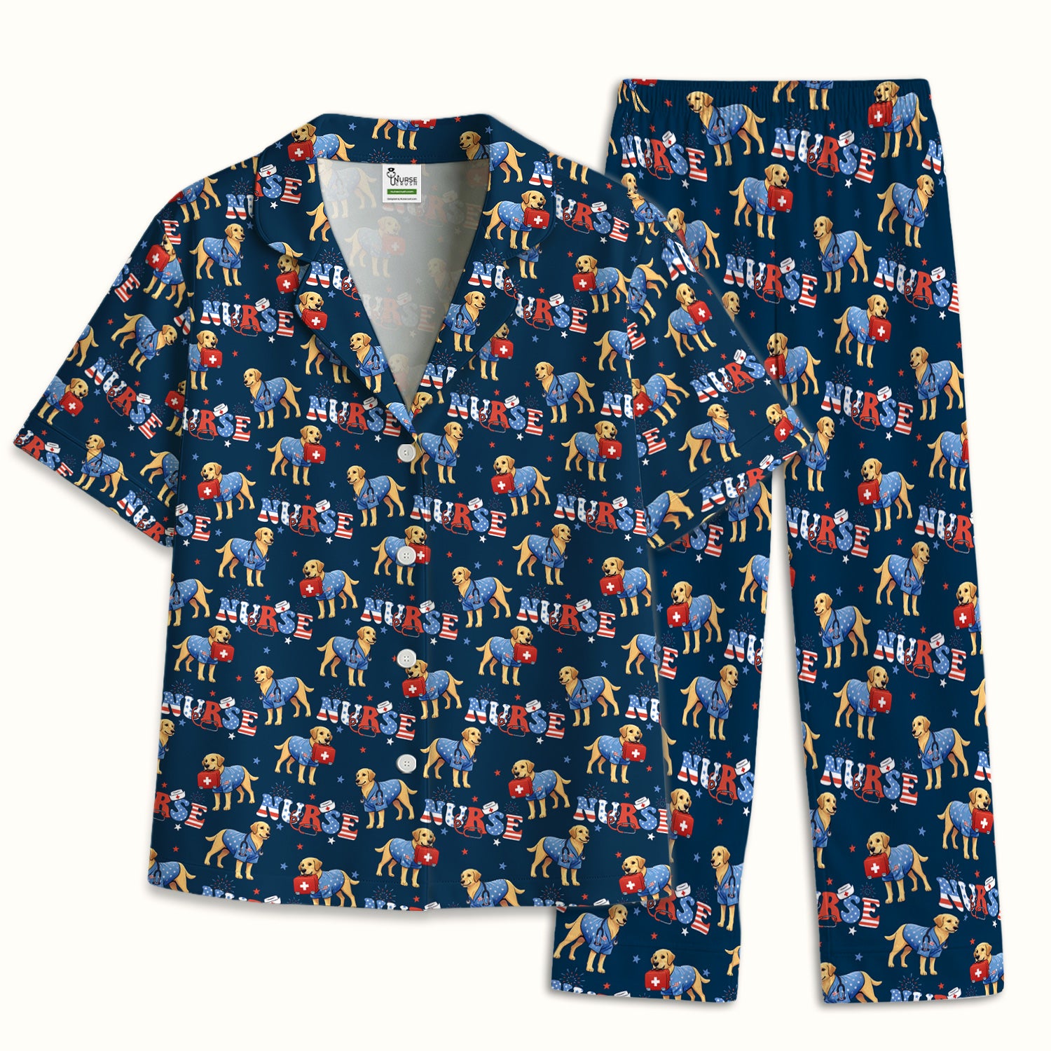 Patriotic Nurse Dog Medical Pattern Pajama Set, Breathable Fabrics Uniform