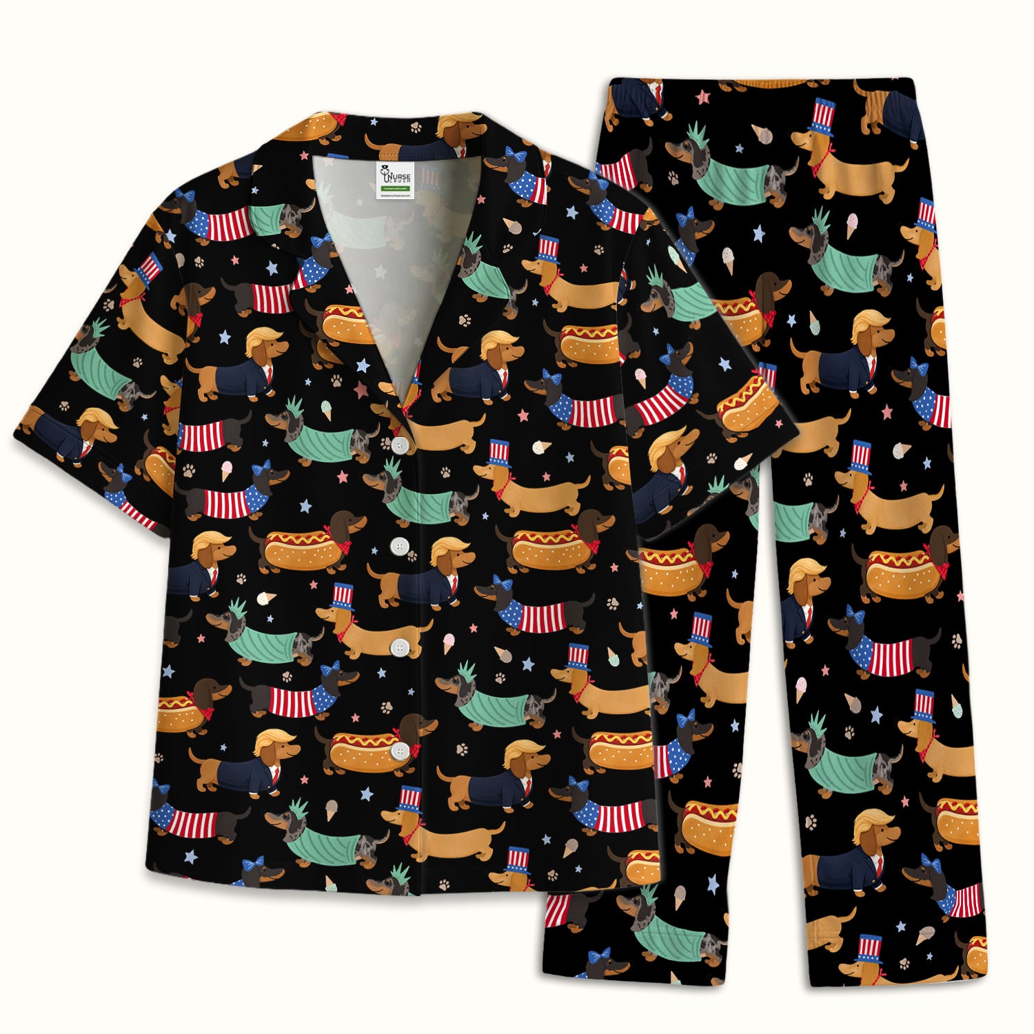 Funny Patriotic Dachshund Costume Dogs Pattern Pajama Set, Breathable Fabrics Uniform