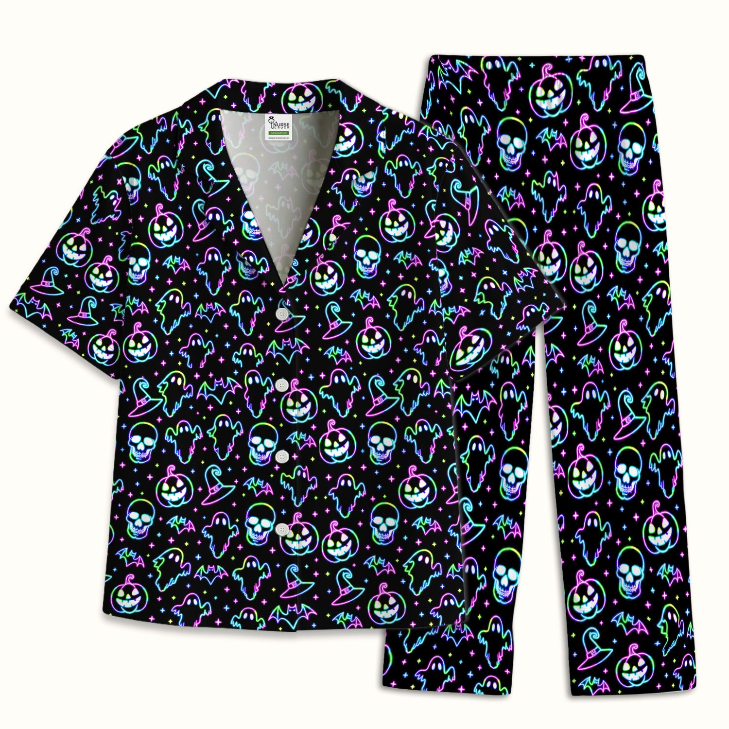 Pumpkin Skull Spooky Print Pajama Set, Soft Breathable Fabric Comfortable Sleepwear
