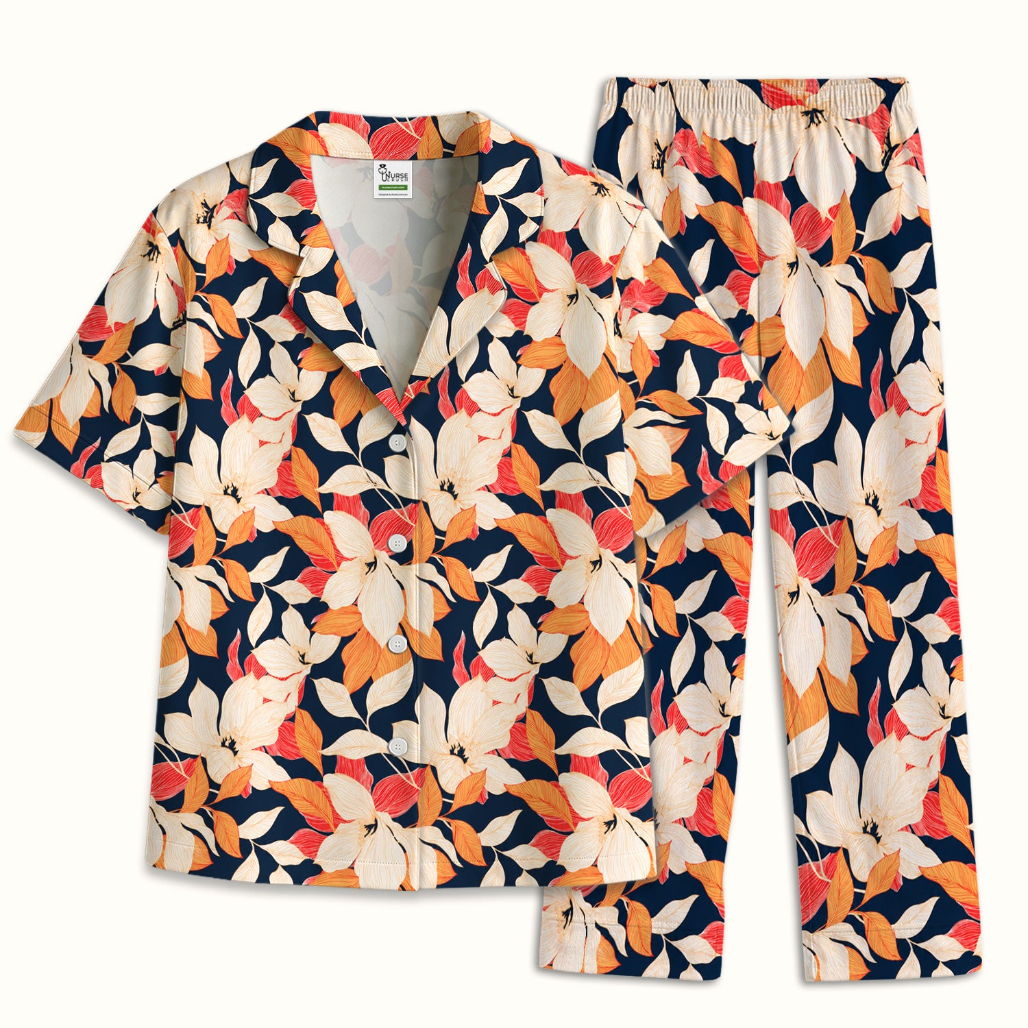 Elegant Ivory Lily Leaves Pattern Pajama Set, Soft Breathable Fabric Comfortable Sleepwear