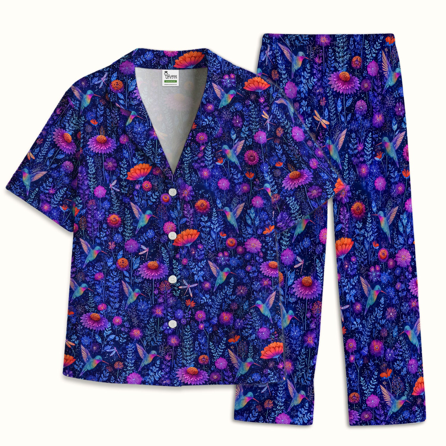 Enchanted Hummingbird Wildflower Garden Pattern Pajama Set, Soft Breathable Fabric Comfortable Sleepwear
