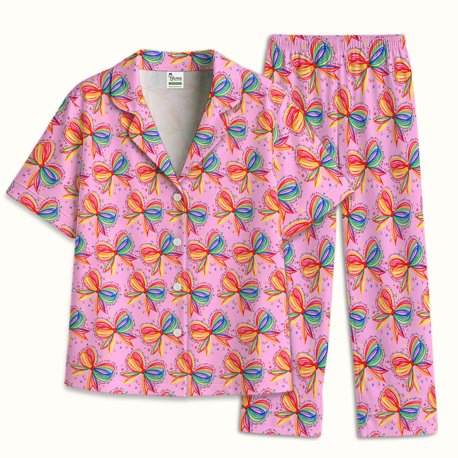 Colorful Rainbow Bow Pattern Pajama Set, Breathable Fabrics Uniform
