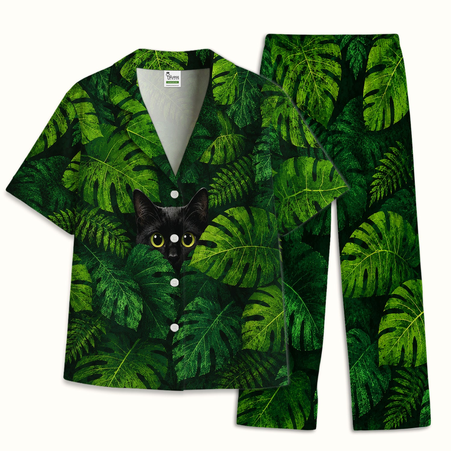 Cute Hidden Black Cat Pattern Pajama Set, Soft Breathable Fabric Comfortable Sleepwear