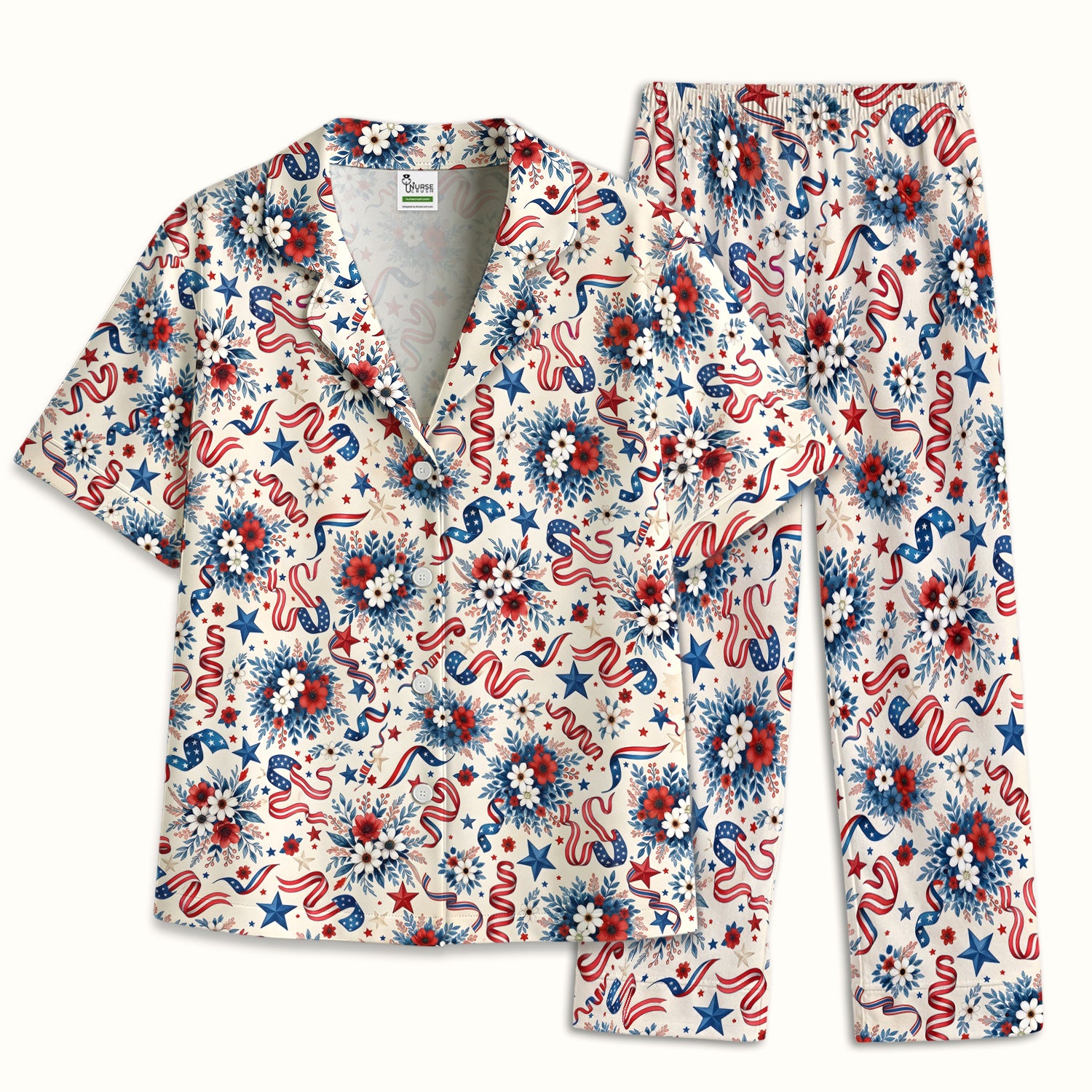 Patriotic Floral Ribbon Nurse for RN & CNA, Americana Healthcare Workers Uniform Pajama Set, Soft Breathable Fabric Comfortable Sleepwear