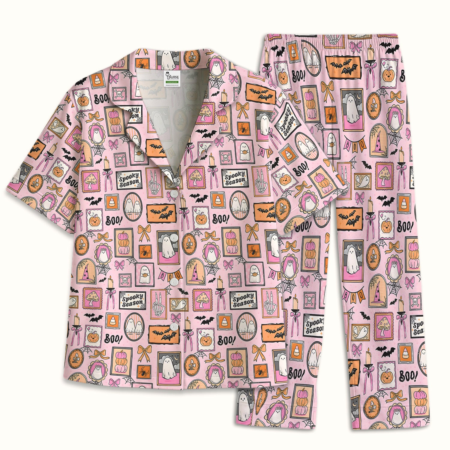 Pink Halloween Ghost Gallery Print Pajama Set, Soft Breathable Fabric Comfortable Sleepwear