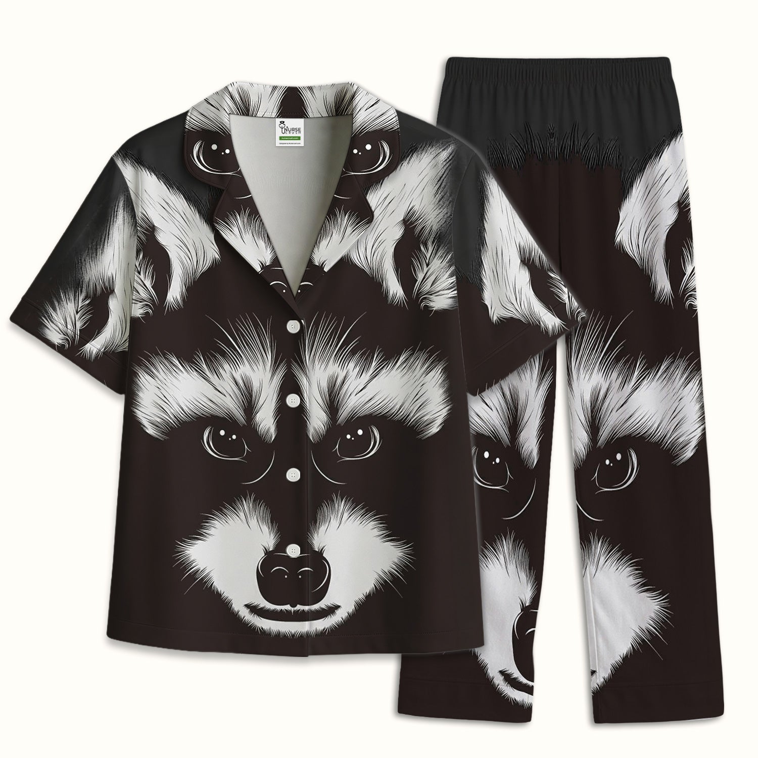 Black White Raccoon Face Pattern Pajama Set, Soft Breathable Fabric Comfortable Sleepwear