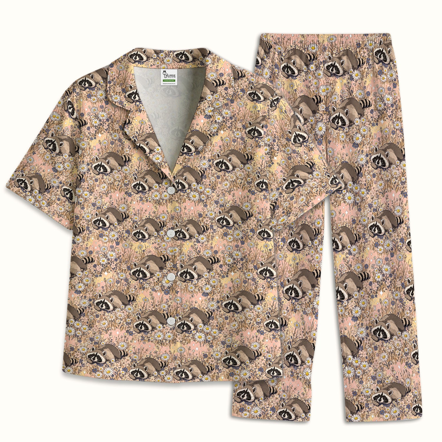 Cute Raccoon Wildflower Meadow Pattern Pajama Set, Soft Breathable Fabric Comfortable Sleepwear