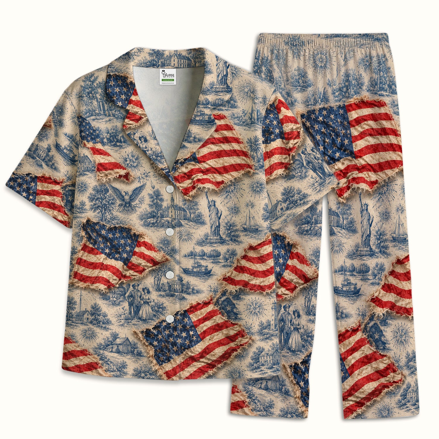 Vintage American Flag Toile Pattern Pajama Set, Soft Breathable Fabric Comfortable Sleepwear