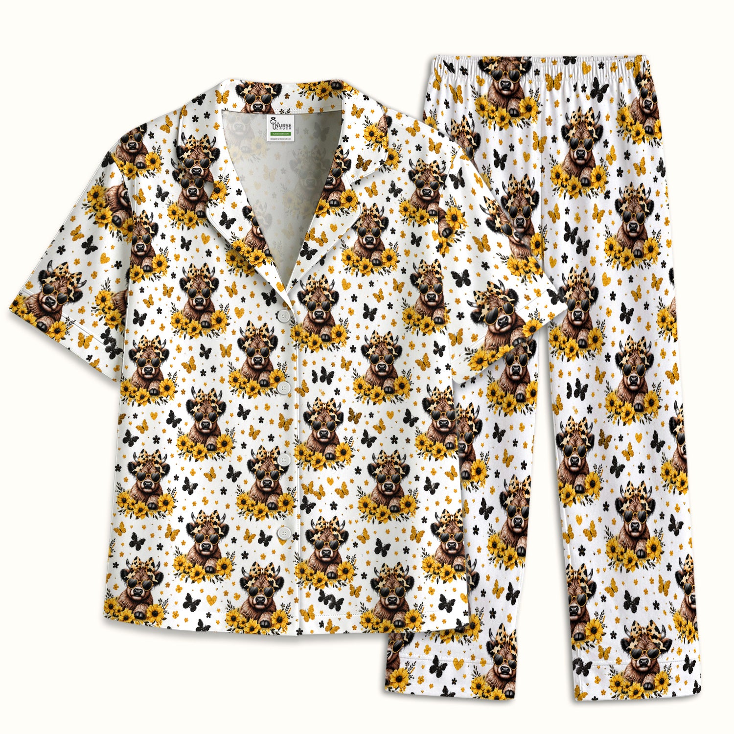 Cow With Sunflower Bow Pattern Pajama Set, Soft Breathable Fabric Comfortable Sleepwear